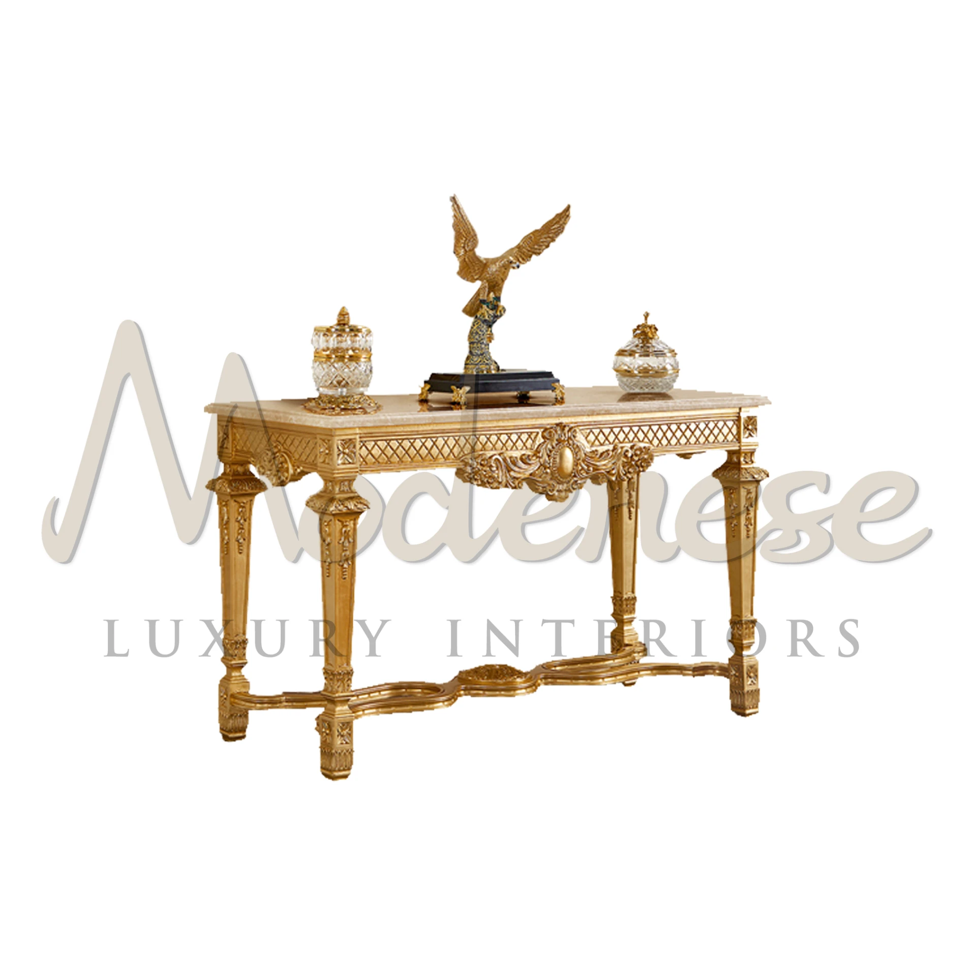 Luxurious Precious Total Gold Console, featuring baroque structure and natural leaf carvings, handmade in Italy.