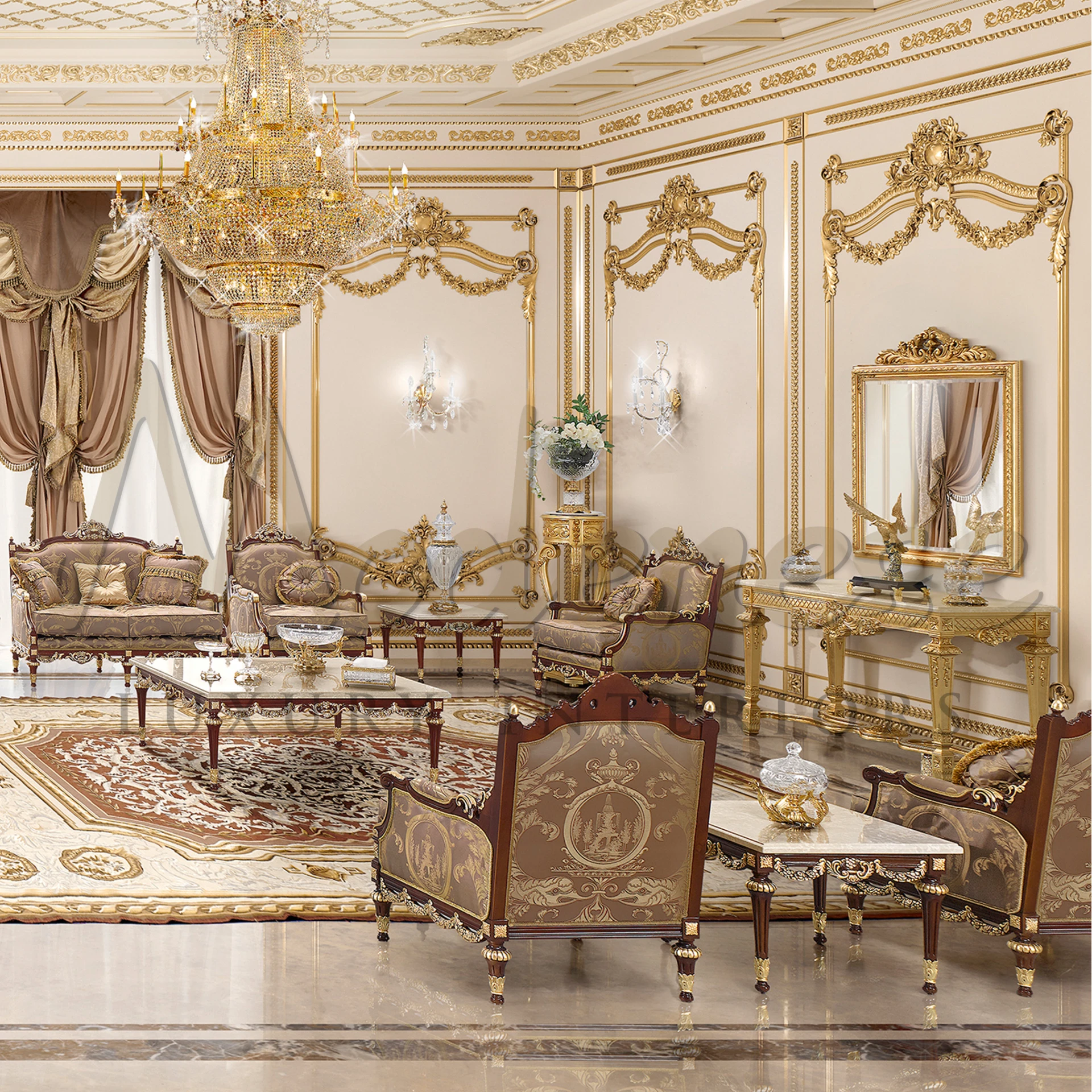 Modenese Furniture masterpiece: Total Gold Console, highlighting luxury with baroque structure and gold leaf carvings.
