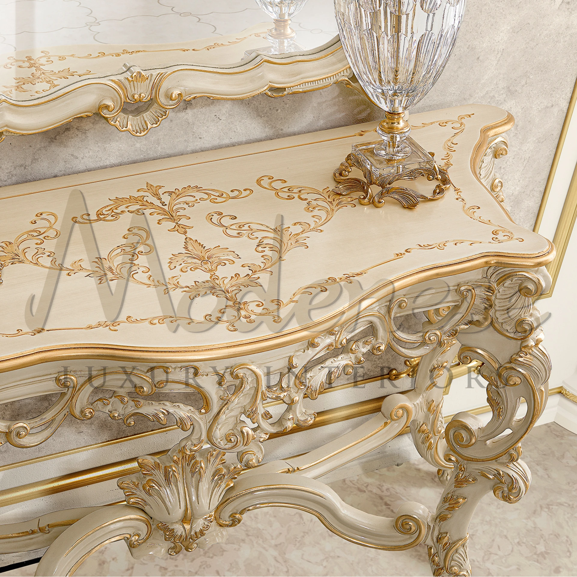 Stunning Solid Wood Baroque Rectangular Console, a symbol of luxury and craftsmanship by Modenese Interiors.