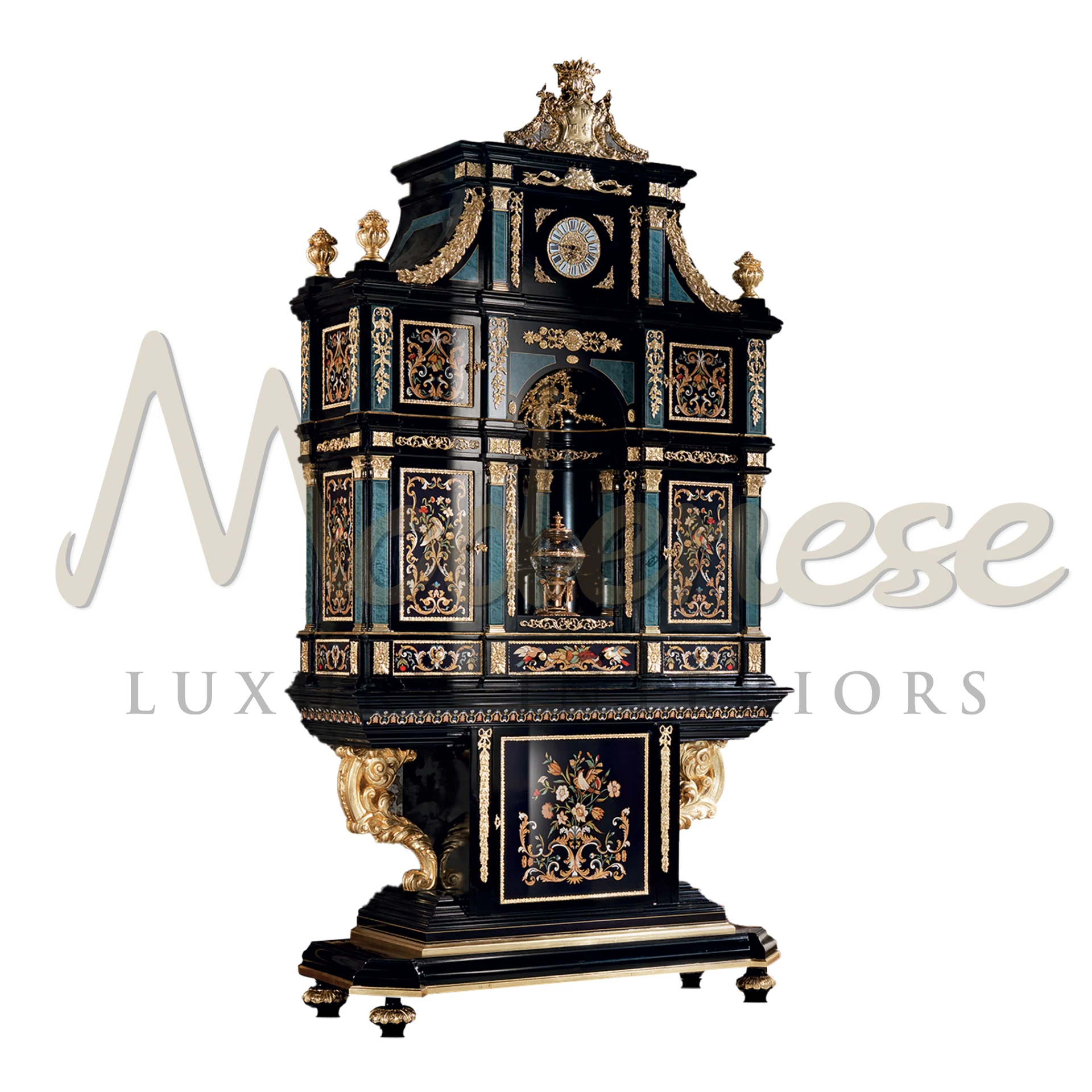 Exquisite dark wooden sideboard with gold leaf details, showcasing luxury Italian design for an elegant home decor addition.