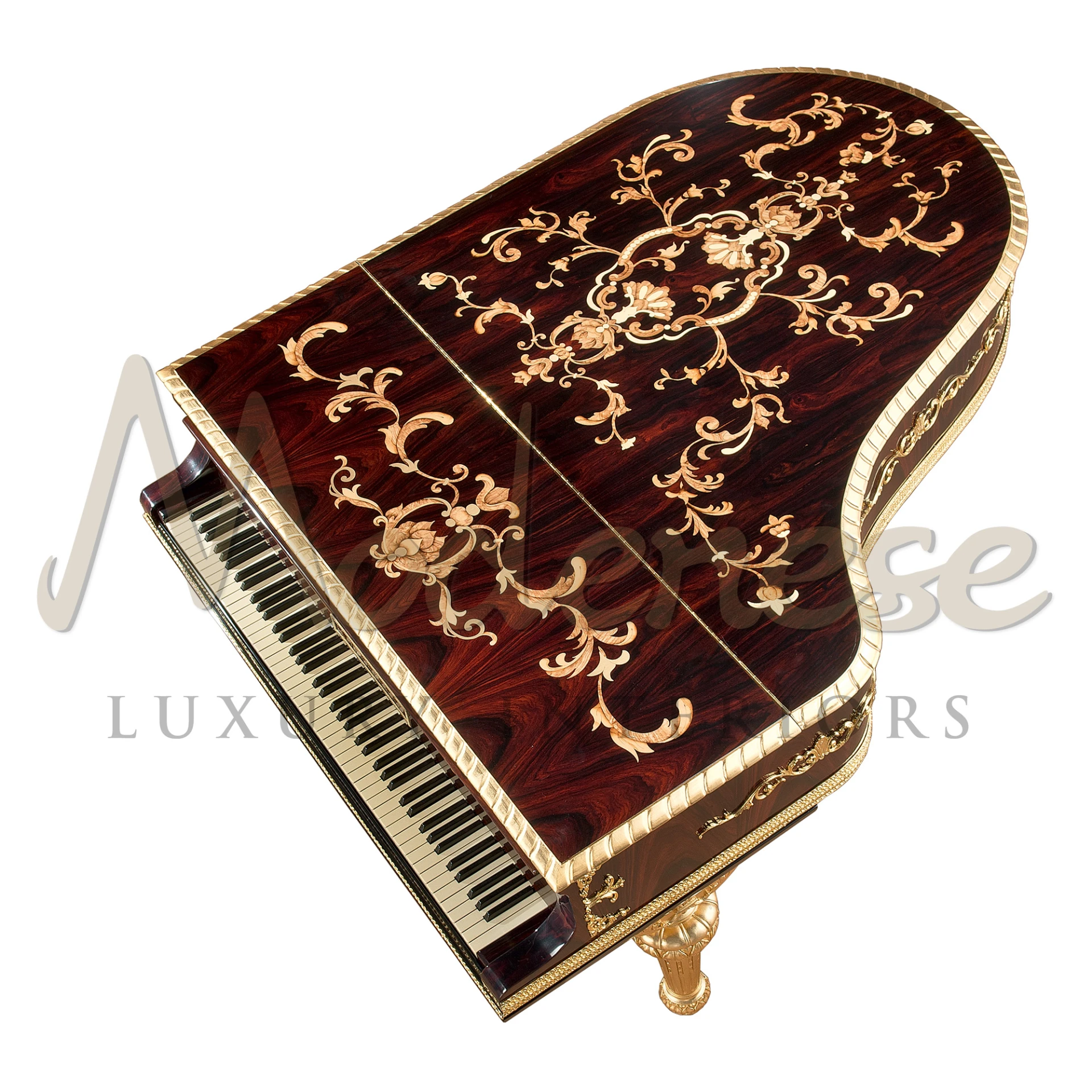 Luxury Modenese Furniture piano, crafted from mahogany with intricate carvings, embodying classic elegance and superior sound.