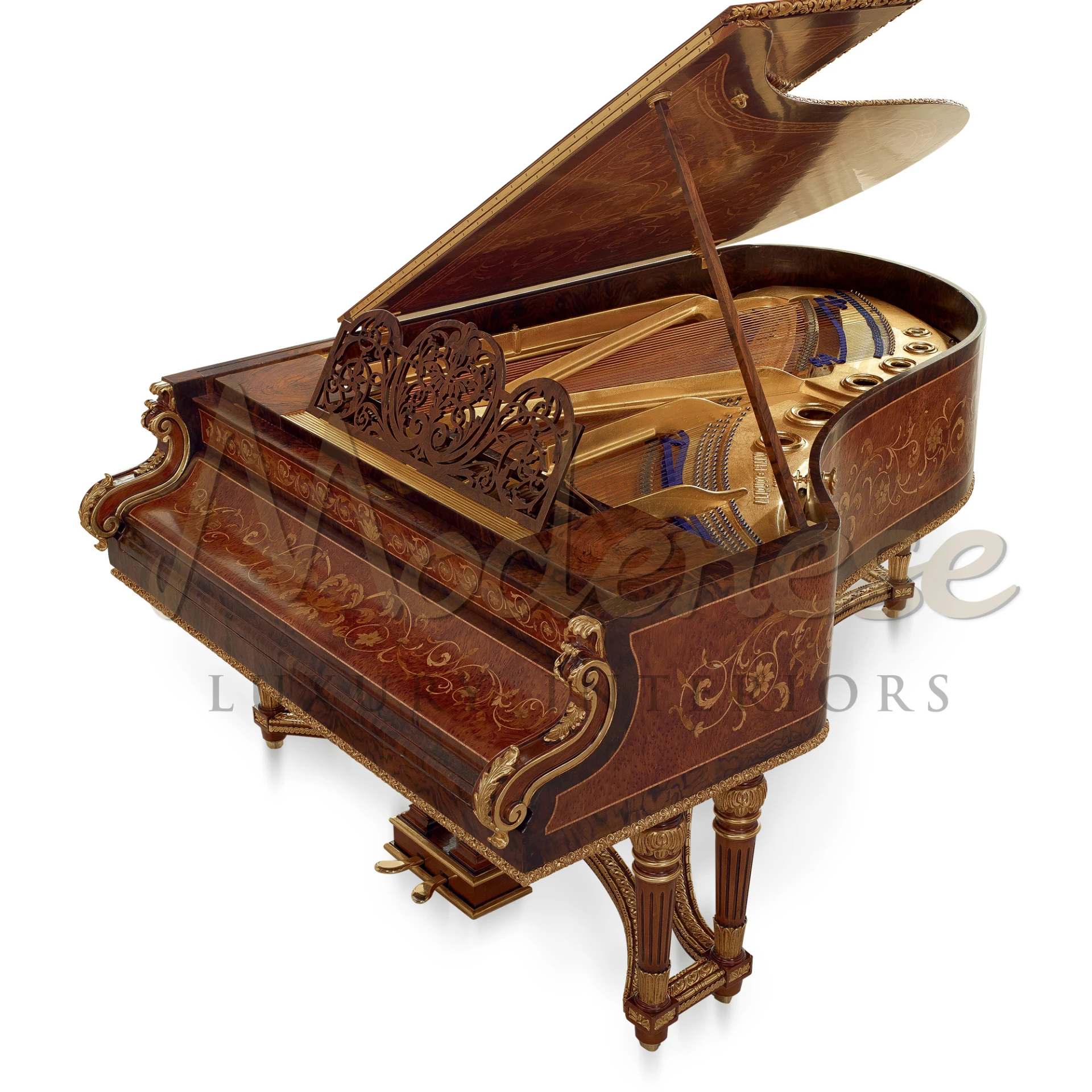Classic Royal Piano with gold-plated hardware, embodying luxury villa design with exquisite ivory keys and hand-carved details.