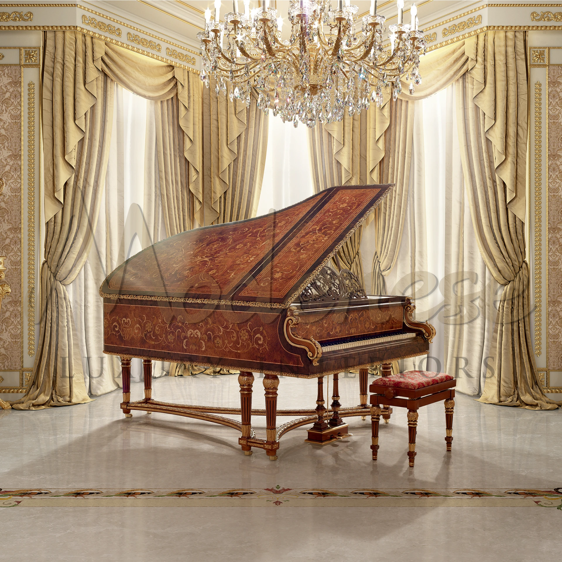 Royal Piano with gold-plated hardware, embodying luxury villa design with exquisite ivory keys and hand-carved details.