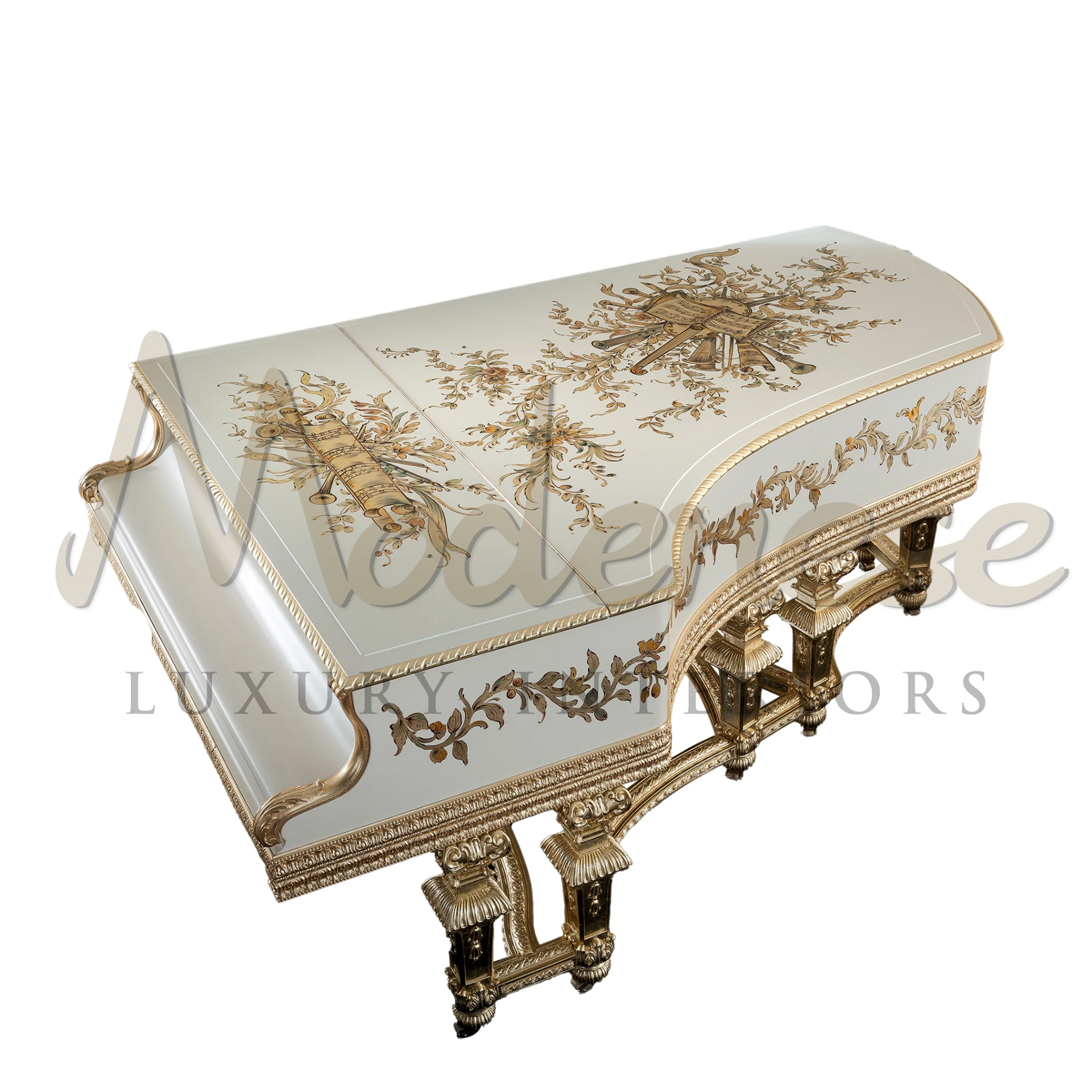 Traditional White Gold Leaf Grand Piano, hand-crafted by Modenese, radiating luxury in villa and palace interior designs.