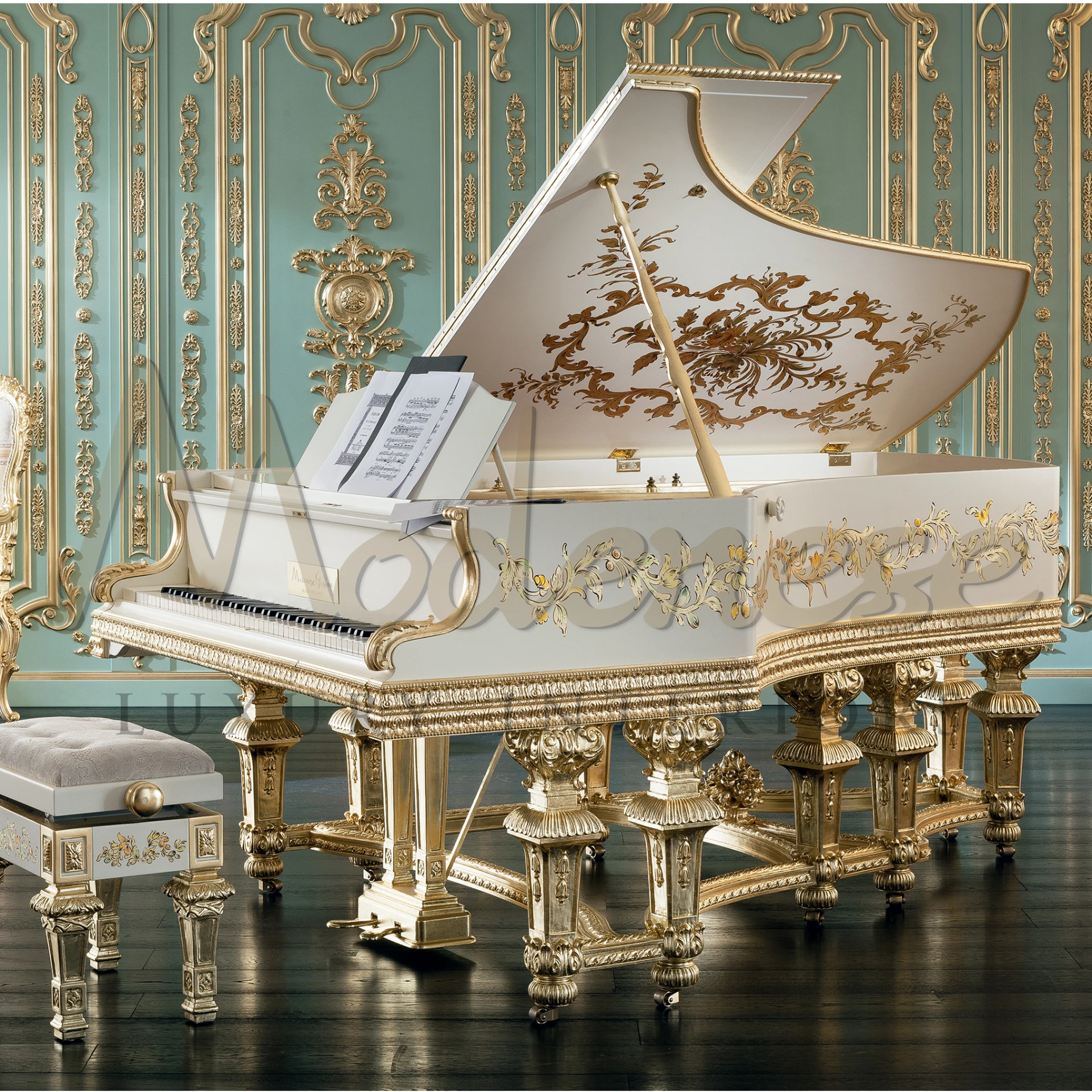 Exquisite hand-crafted White Gold Leaf Grand Piano from Modenese, showcasing superior craftsmanship for luxury musical expression.