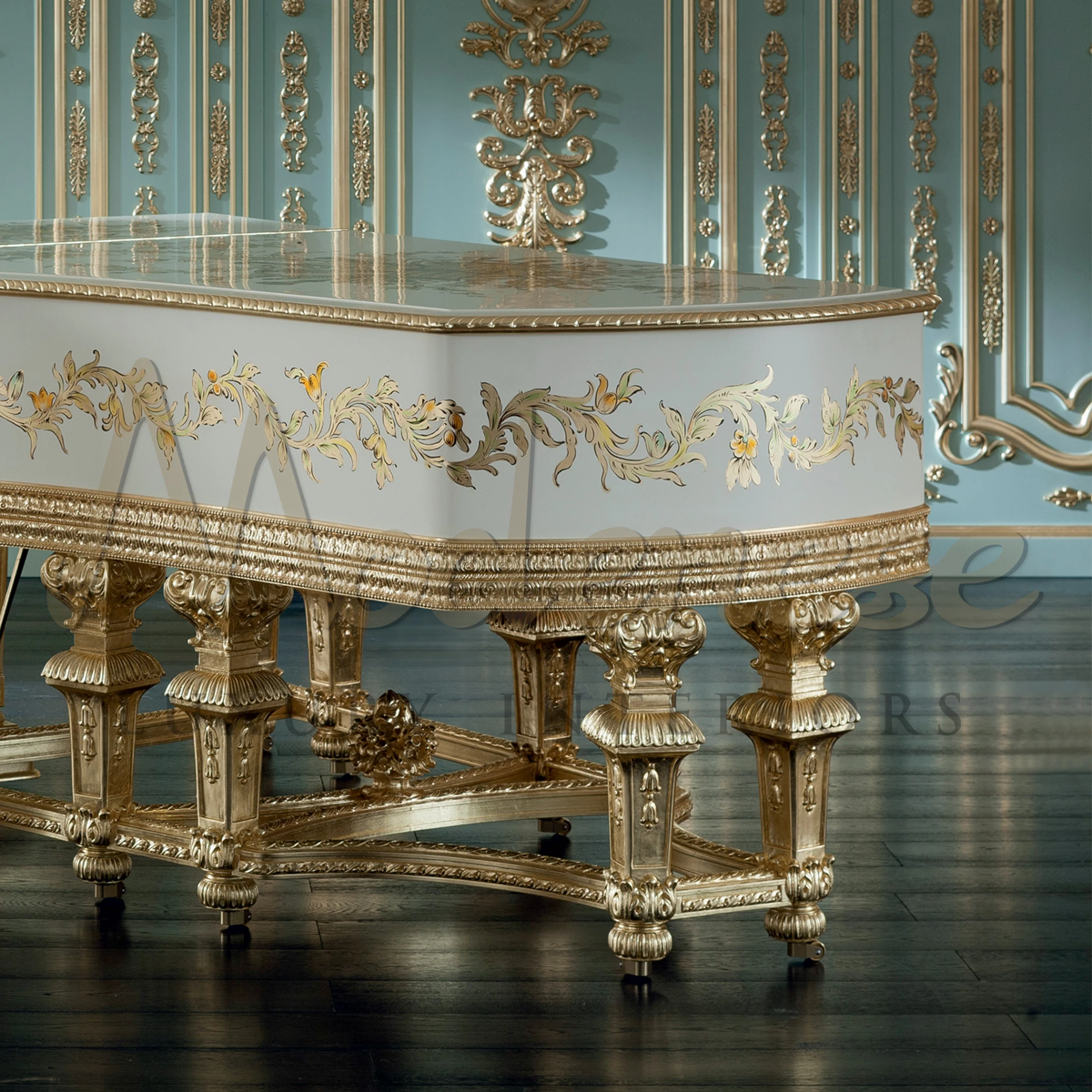 Luxurious White Gold Leaf Grand Piano by Modenese, combining high-quality wood with meticulous attention to detail for elite musicians.