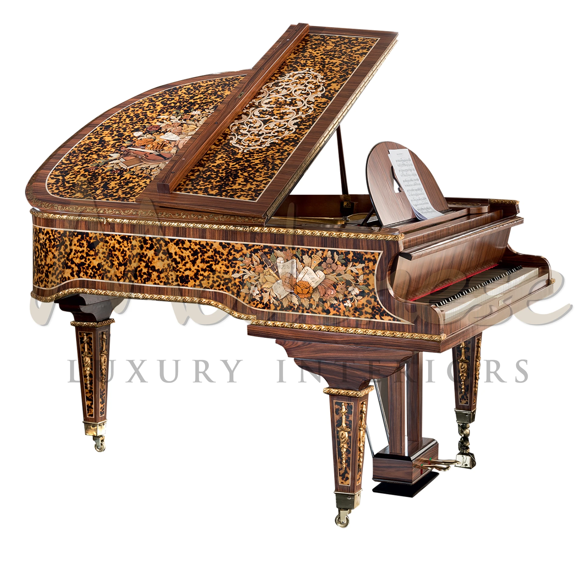 Marquetry Solid Wood Grand Piano by Modenese, showcasing intricate veneer patterns for luxury classic interior design.