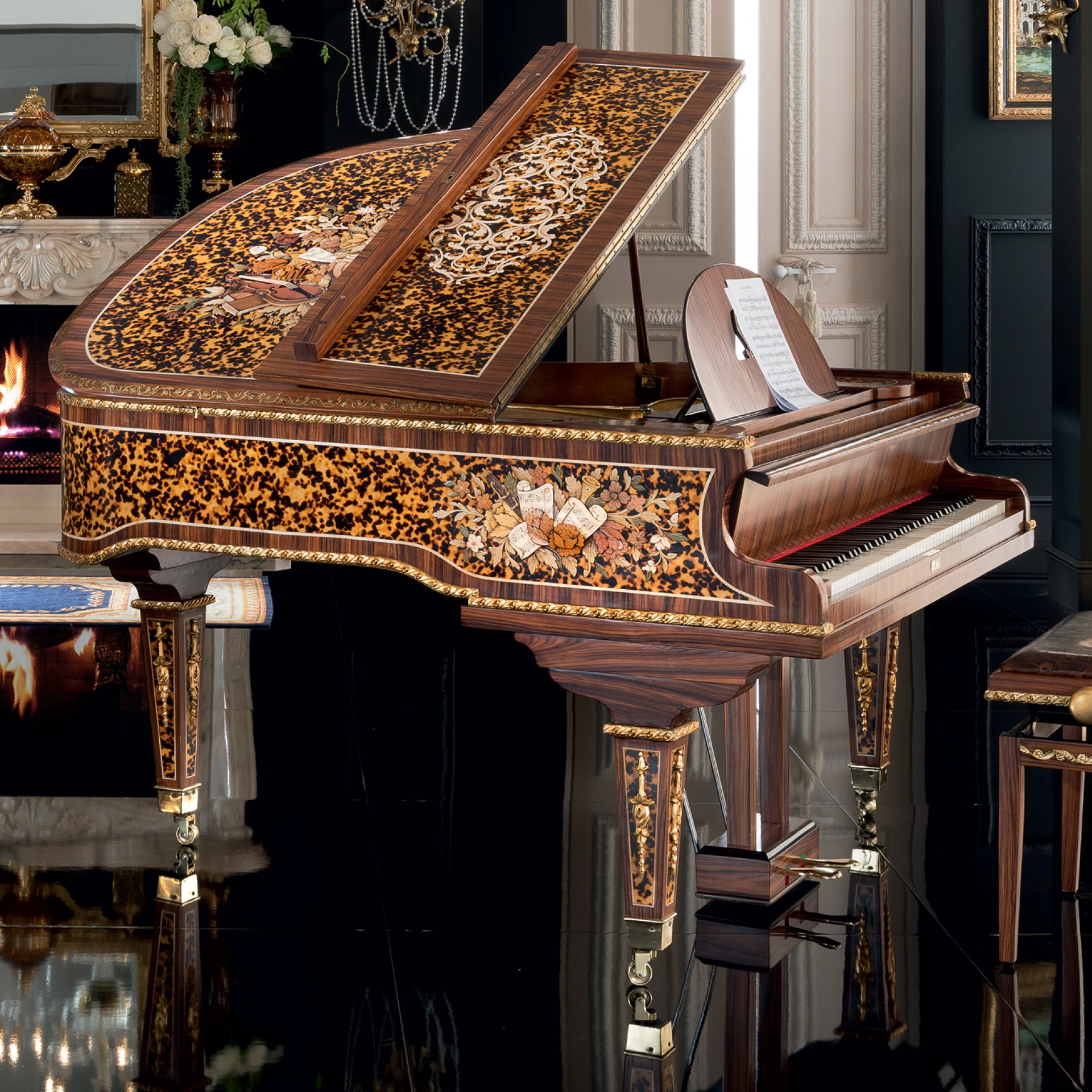 Exquisite craftsmanship on Marquetry Wood Grand Piano, a masterpiece of traditional marquetry and solid wood by Modenese.