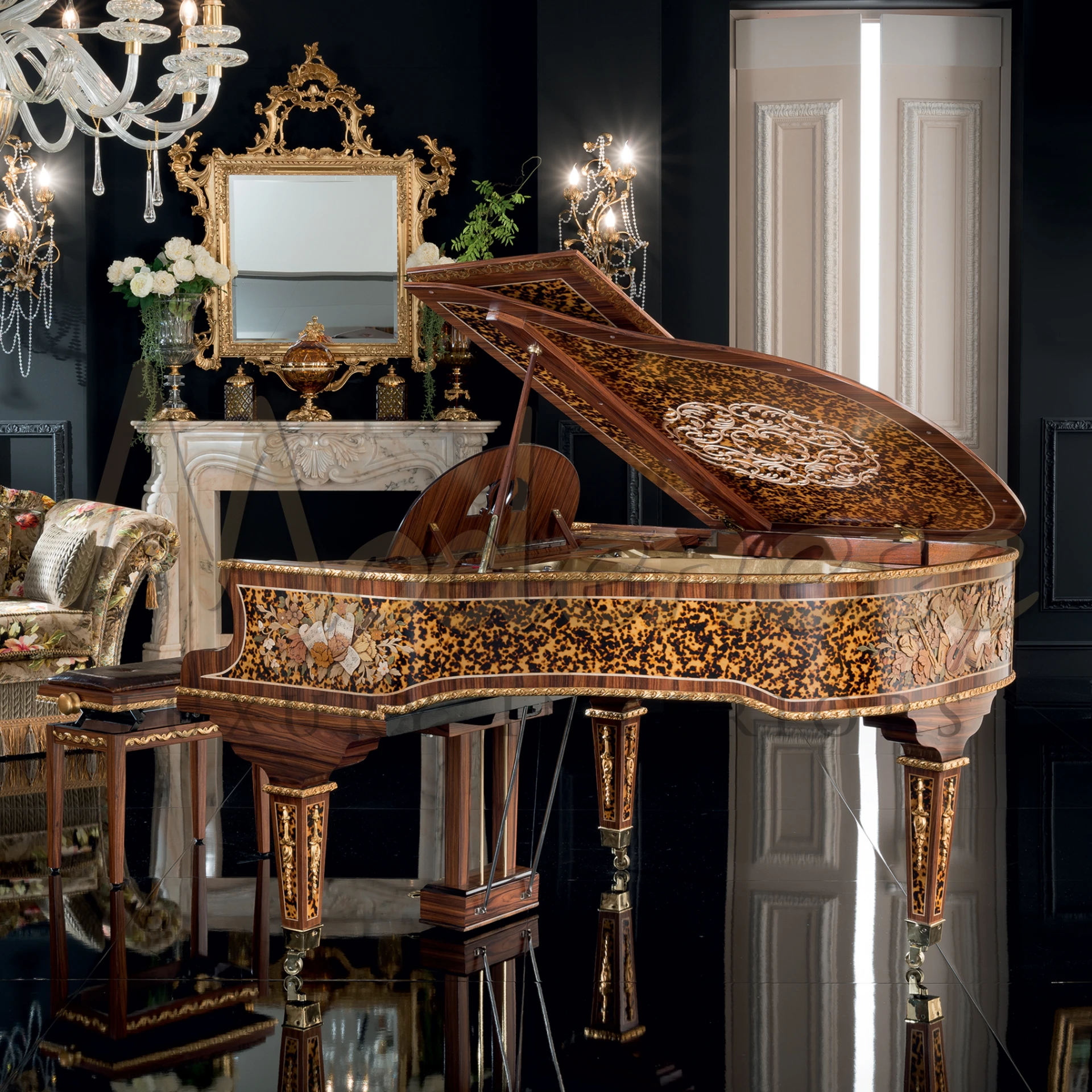 Intricate marquetry design on a Solid Wood Grand Piano, blending luxury and artistry for sophisticated musical expression.