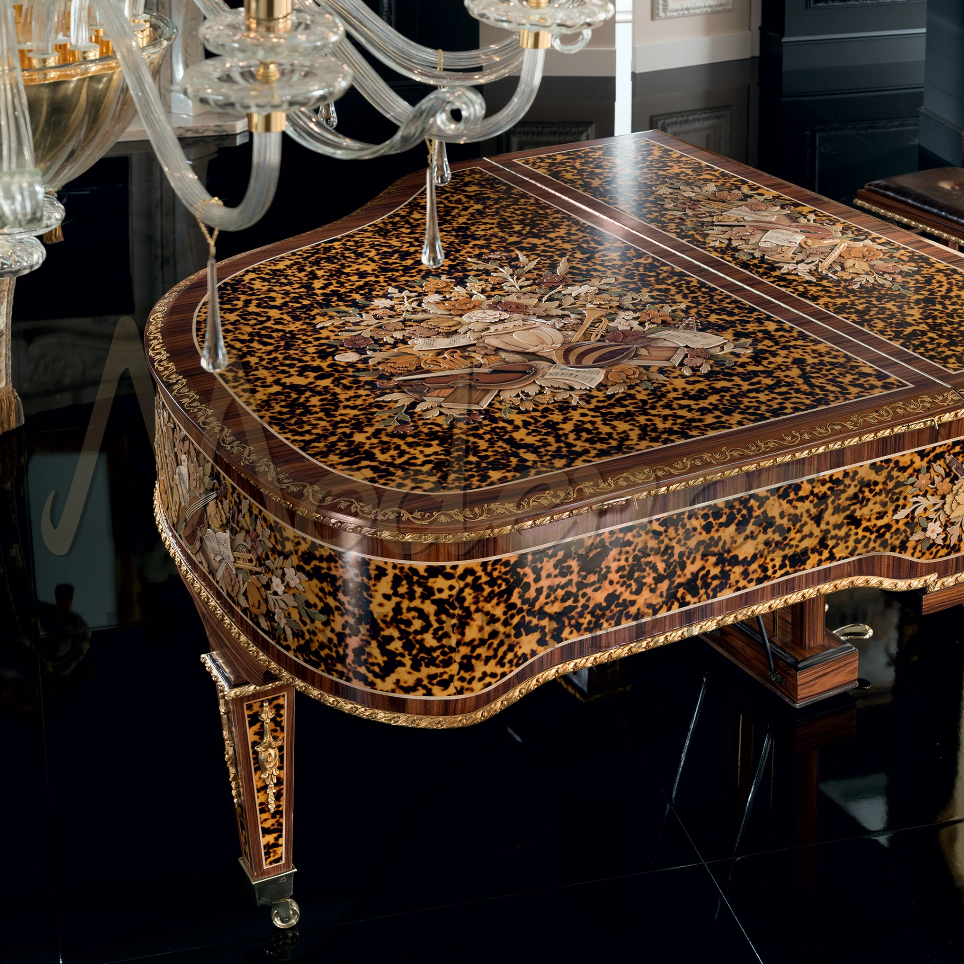 Traditional Marquetry Solid Wood Grand Piano, an emblem of luxury villa decor, featuring detailed wood veneer art by Modenese.
