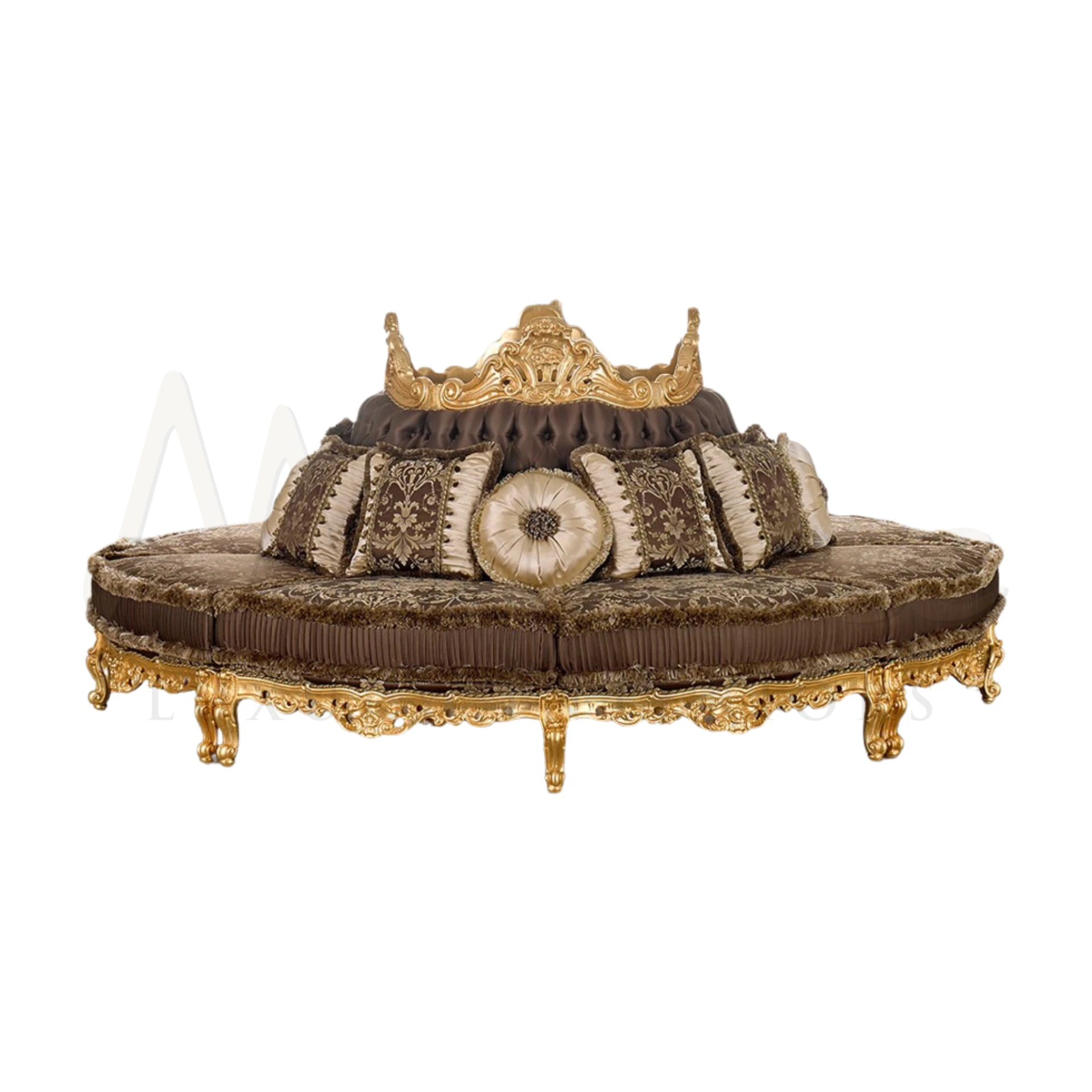 Elegant Victorian Round Sofa with gold leaf finishing, embodying opulent signature style for luxury home interiors.