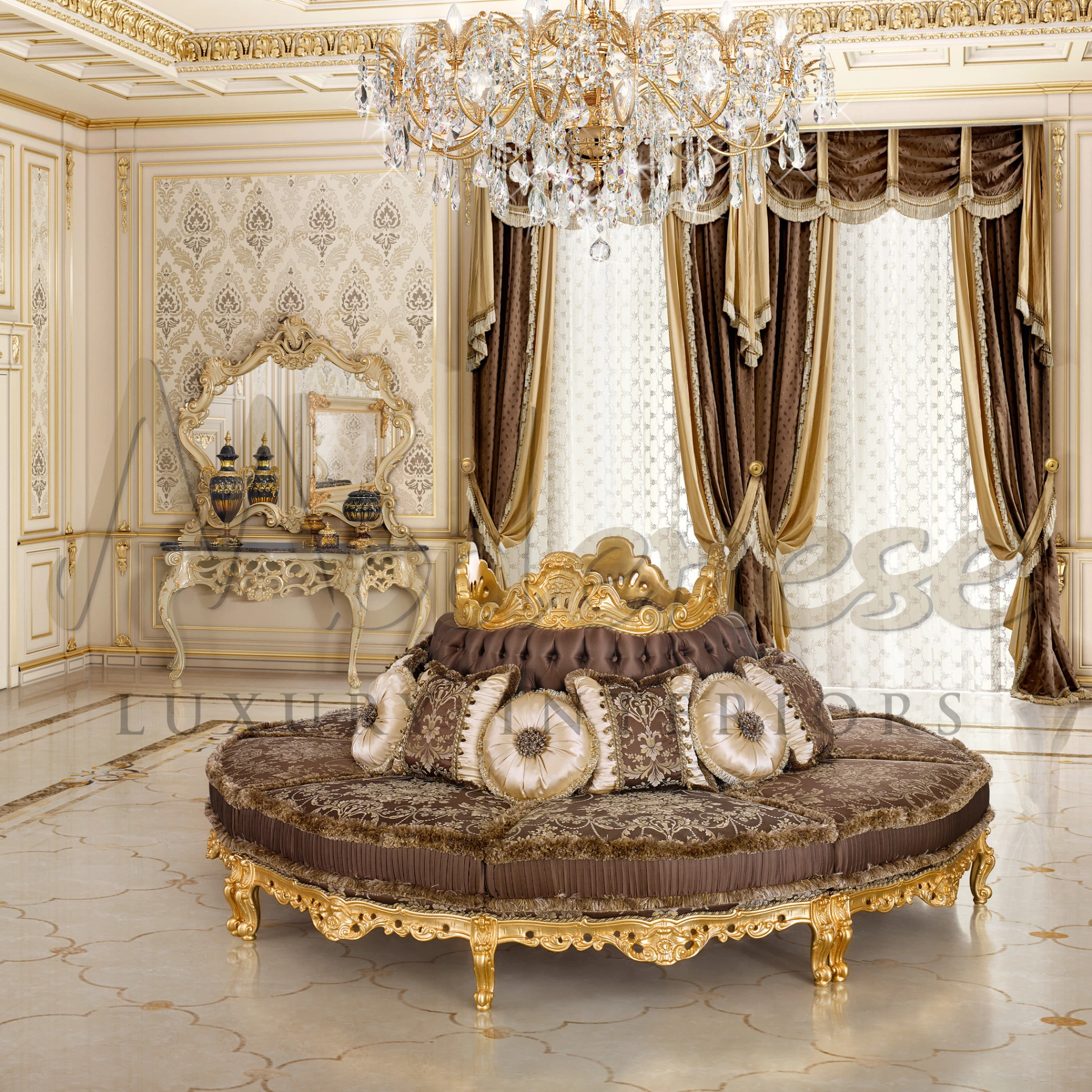 Opulent Victorian Round Sofa with brown pattern fabric, a revisited classic for a perfect luxury home centerpiece.