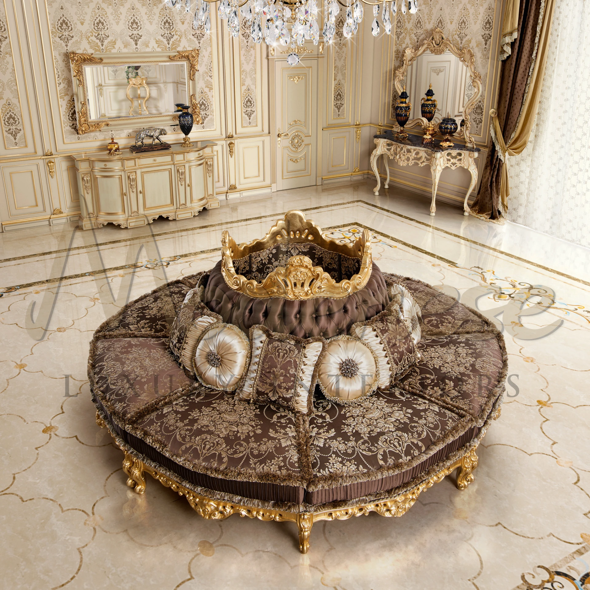 Luxurious Round Sofa in Victorian style, featuring exquisite Italian fabric and feminine design for elegant settings.