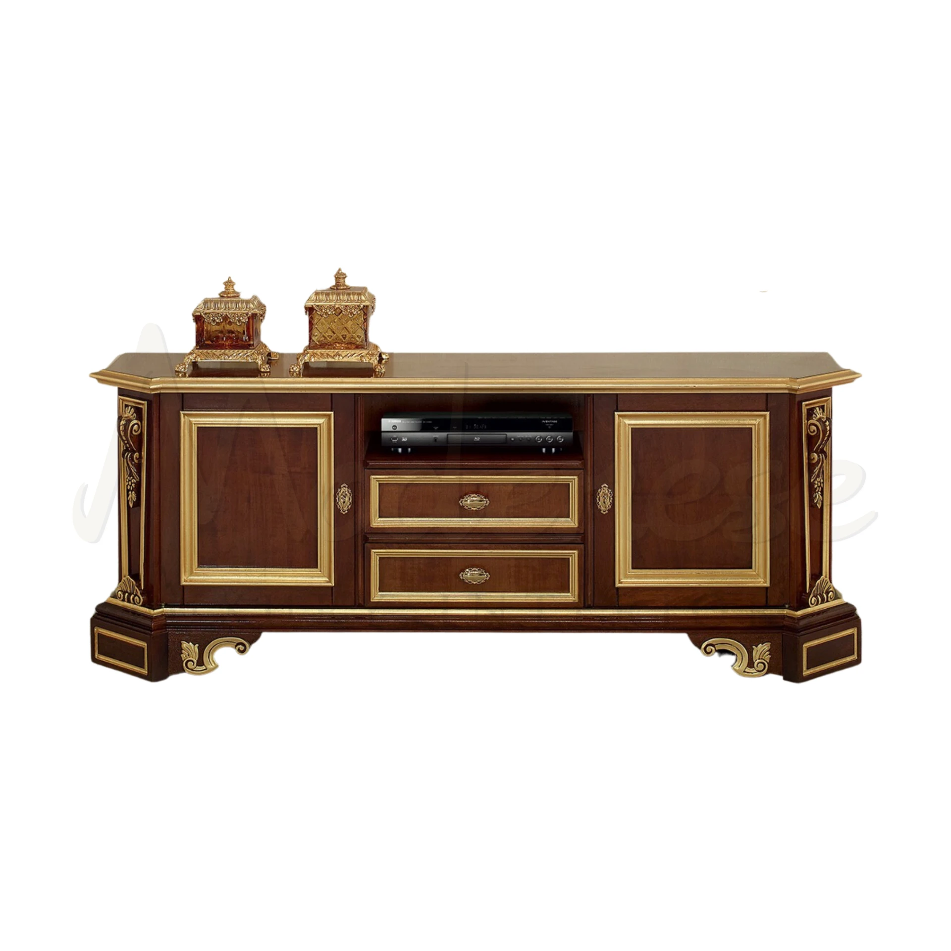 Classic Dark Brown TV Stand, Italian design with gold leaf ornamentation for a luxurious, warm interior atmosphere.