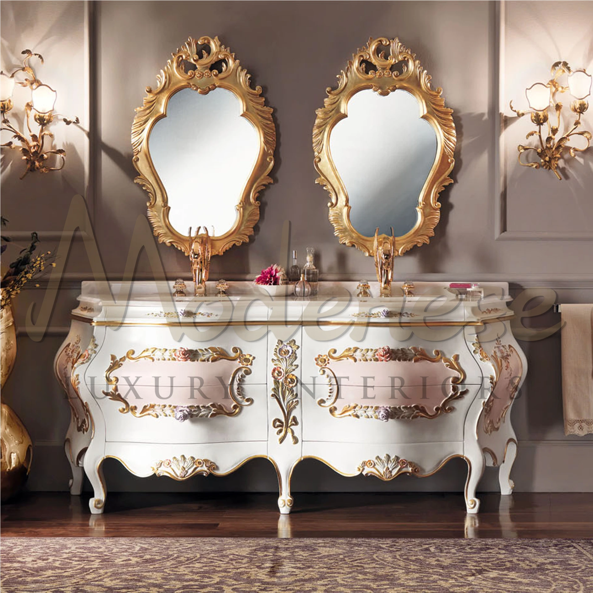 Double sink classical bathroom cabinet in baroque style