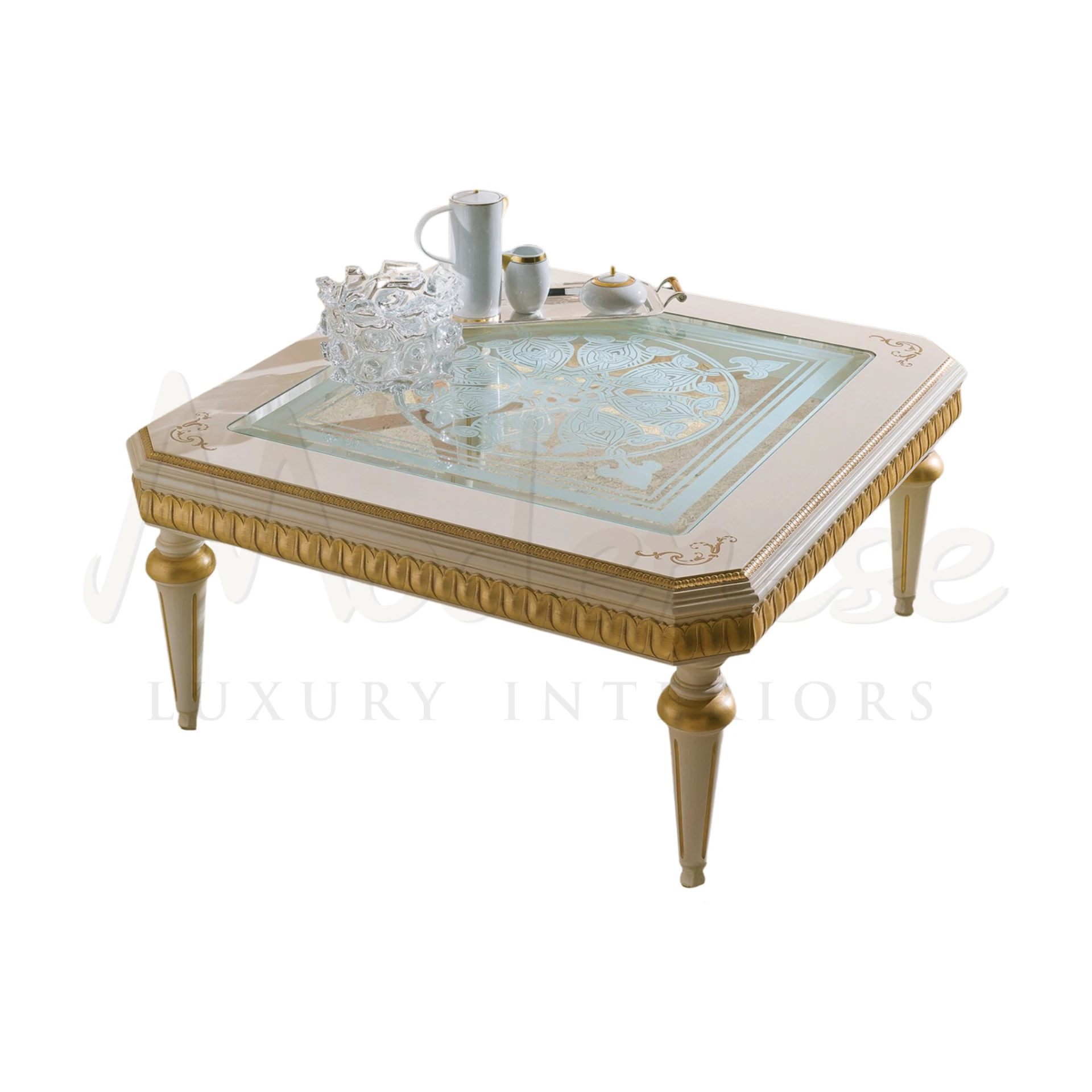 "Square Coffee Table with solid wood and gold leaf accents, epitomizing luxury furniture and Italian design craftsmanship.