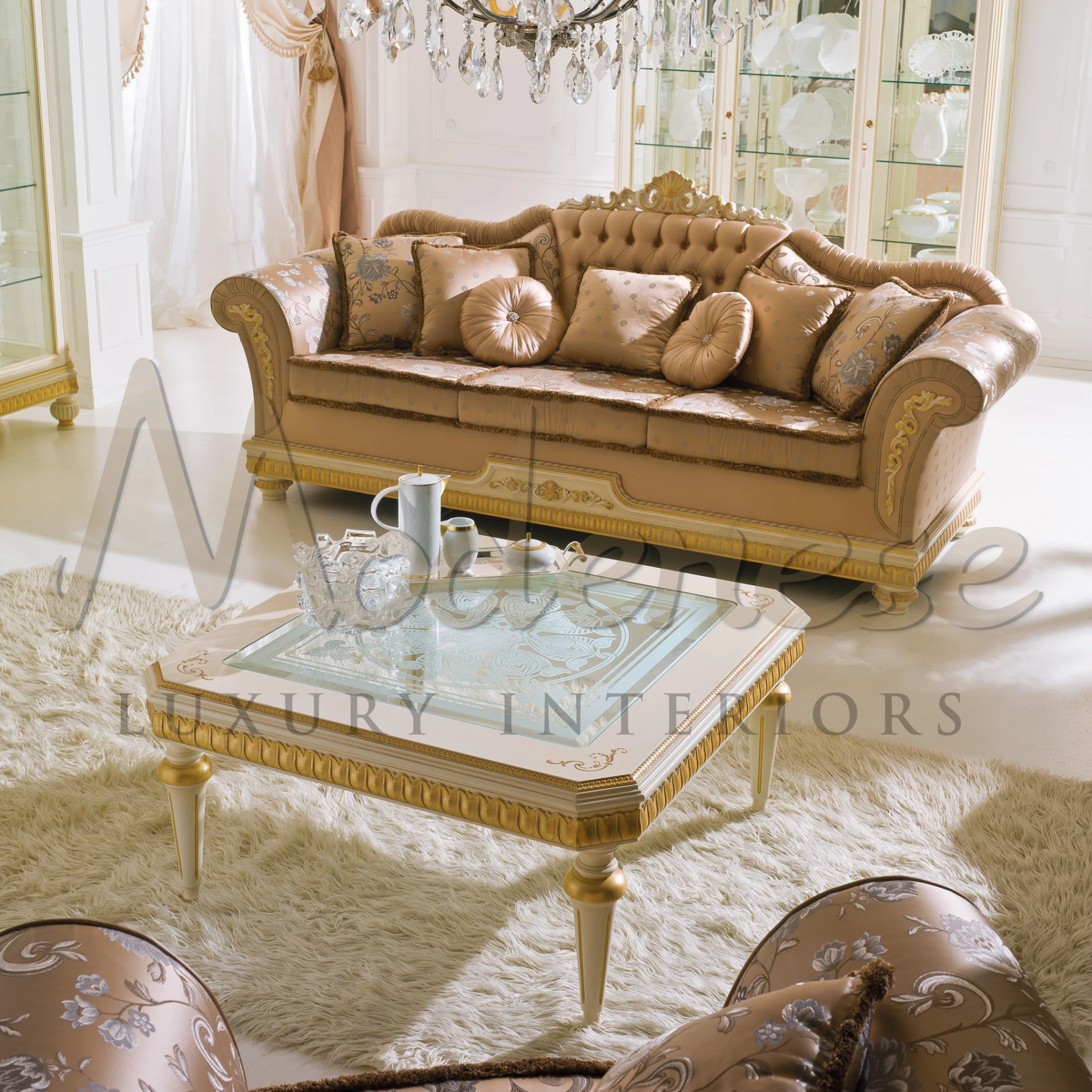 Elegant Square Coffee Table featuring classic engravings and baroque style carvings, a testament to classic interior design.