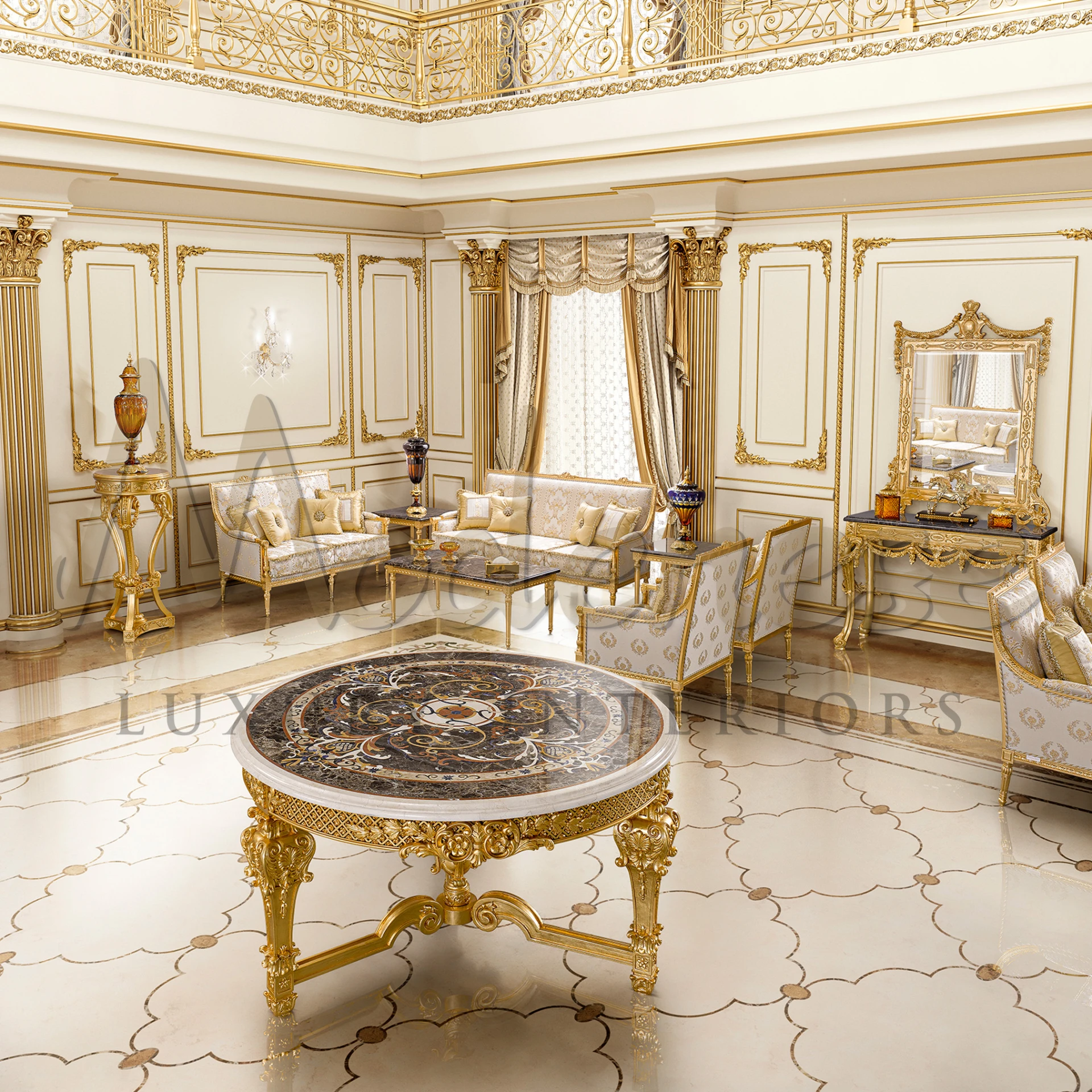 "Elegant Royal Baroque Central Table, a classical collection piece with lavish gold leaf finish and inlay marble top for opulent interiors.