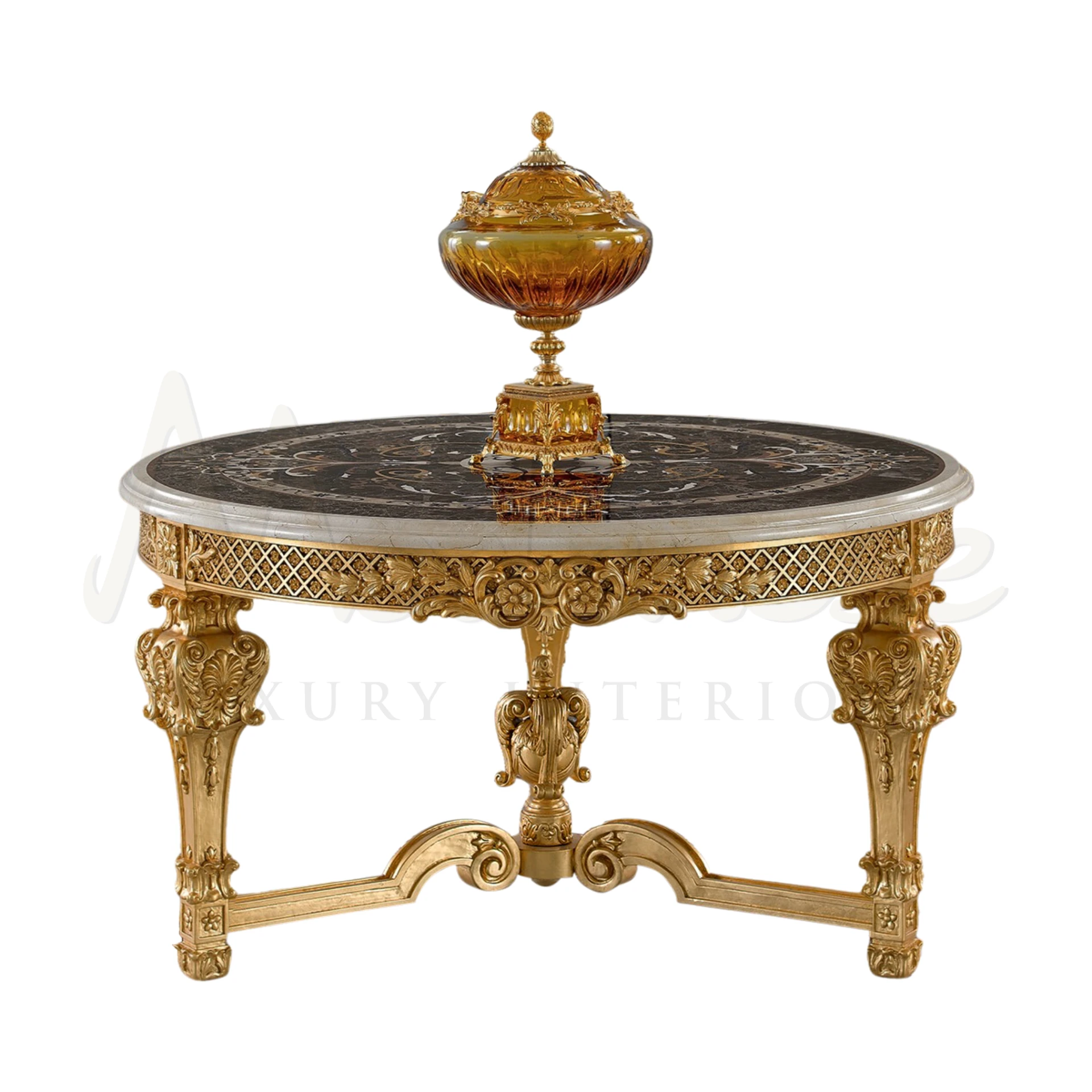 "Luxurious Royal Baroque Central Table with intricate gold leaf carving and marble top, reflecting Italian design excellence.