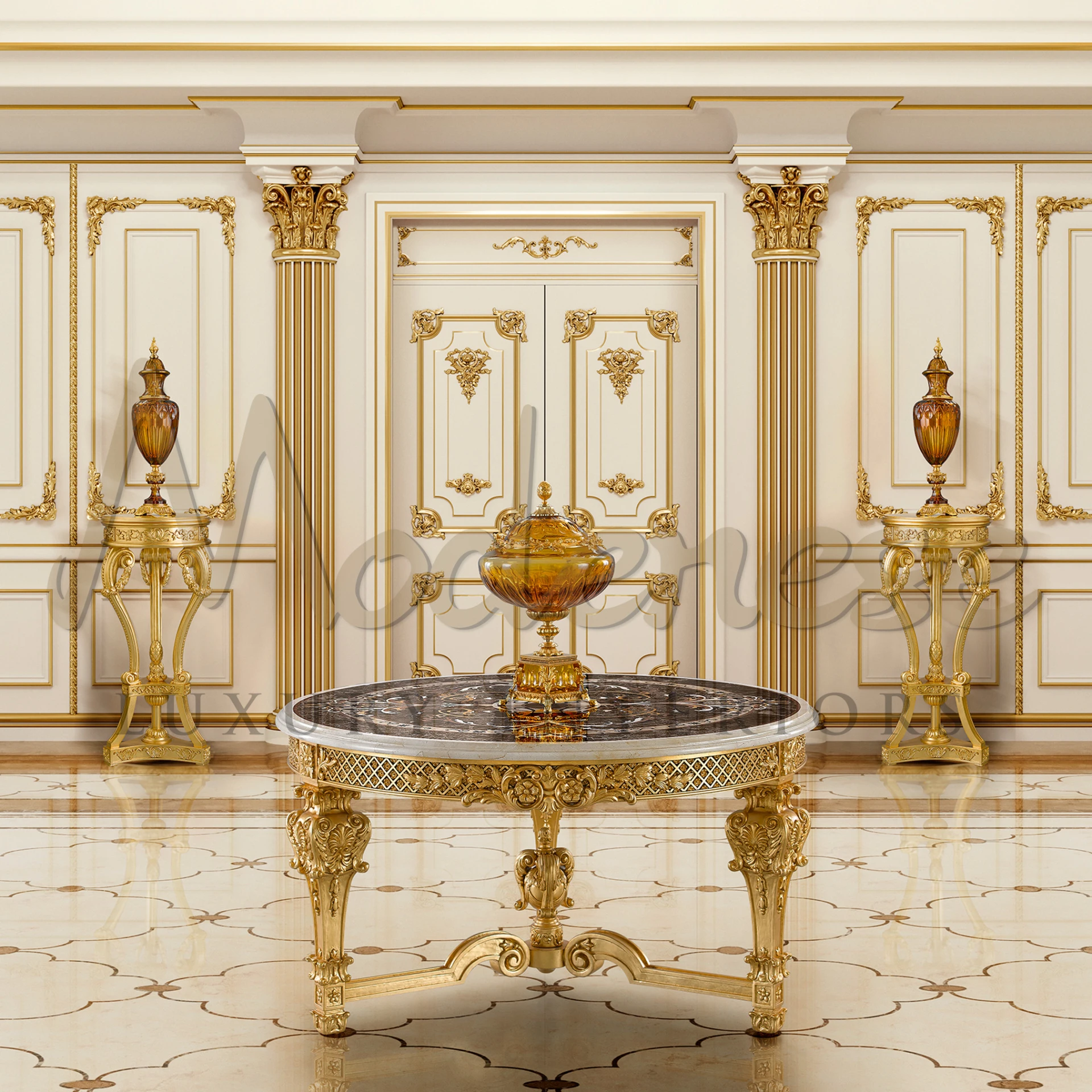 "Chic and glamorous Royal Baroque Central Table, combining functional storage with a luxurious round table design for sophisticated spaces.