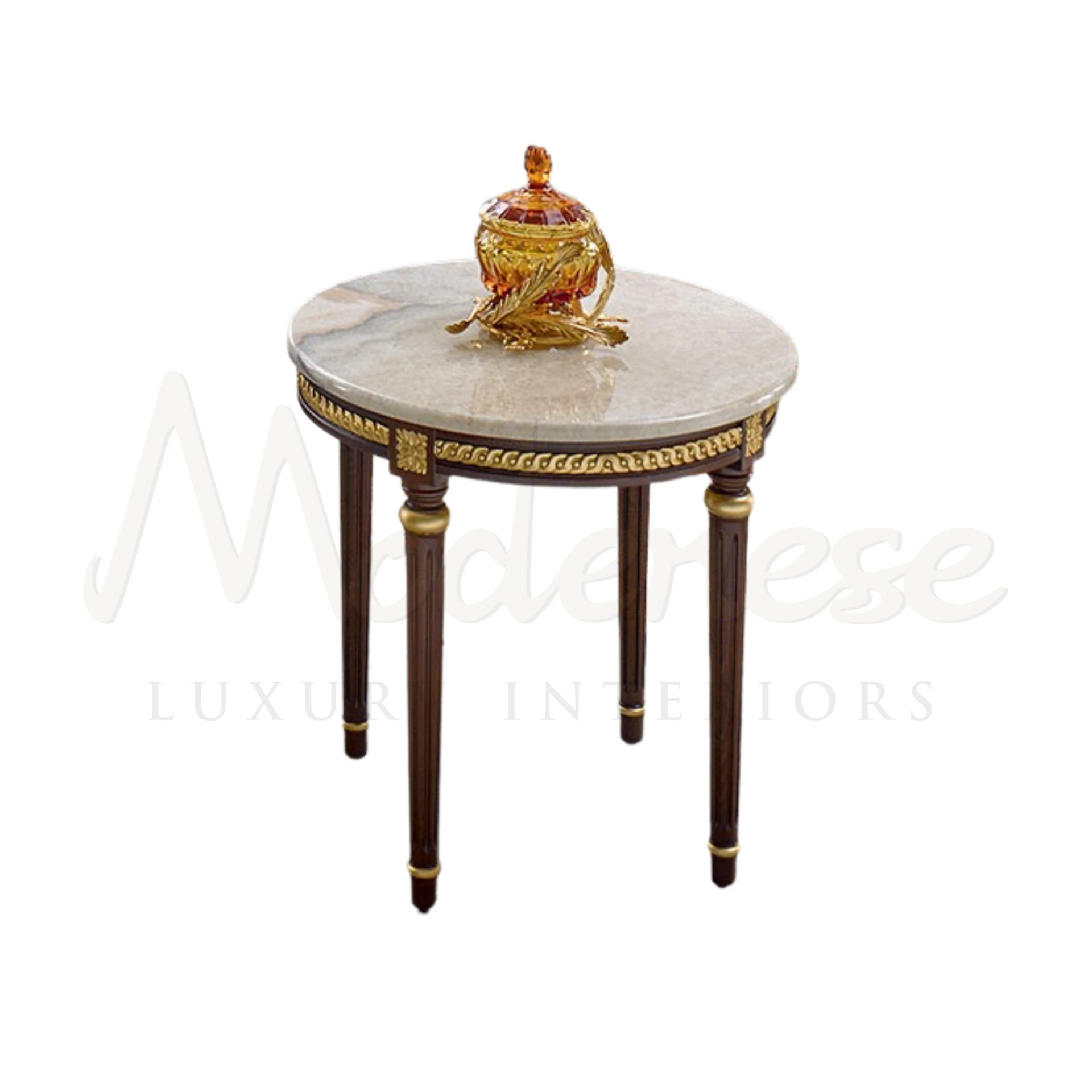 Luxurious Cappuccino Onyx Round Side Table with classic walnut finishing and gold leaf details, crafted by Italian artisans for elegance.