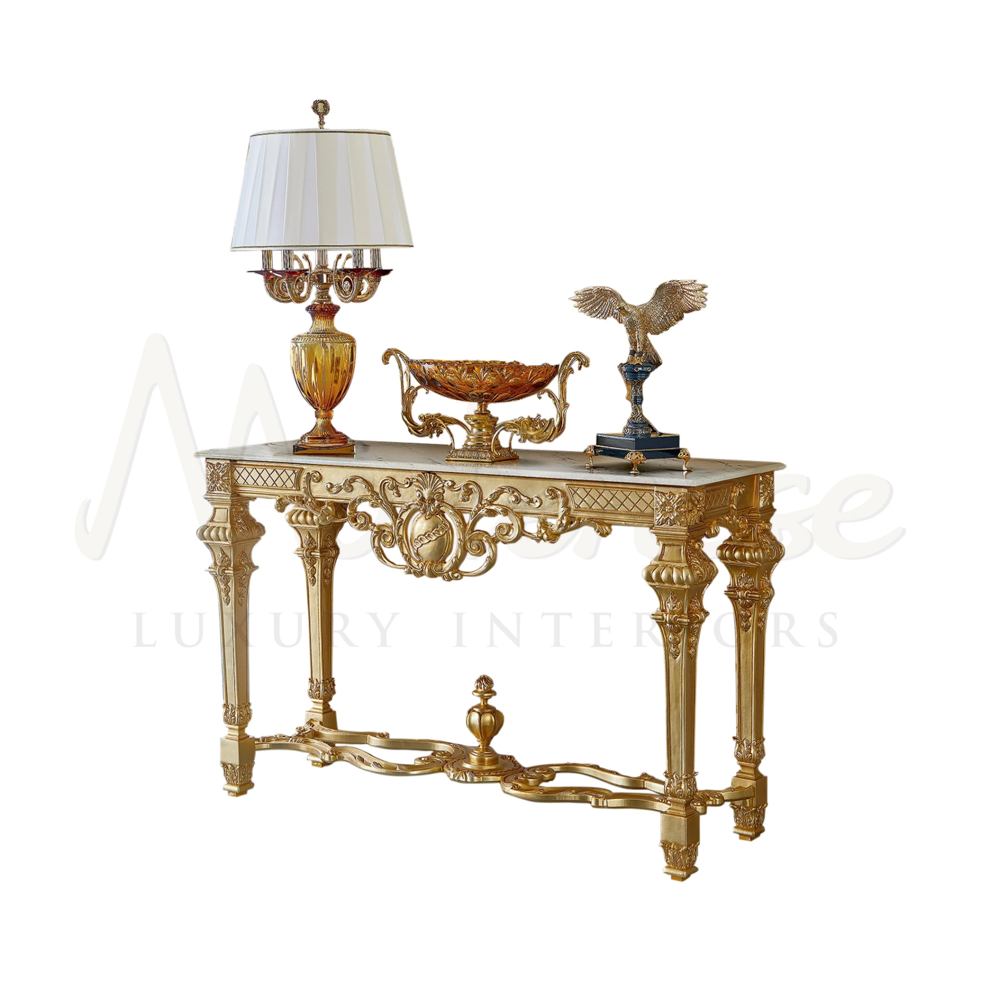 Luxurious Italian Neo-Classic Console with 24kt gold leaf finishing, embodying elegance and integrity in classic home decor