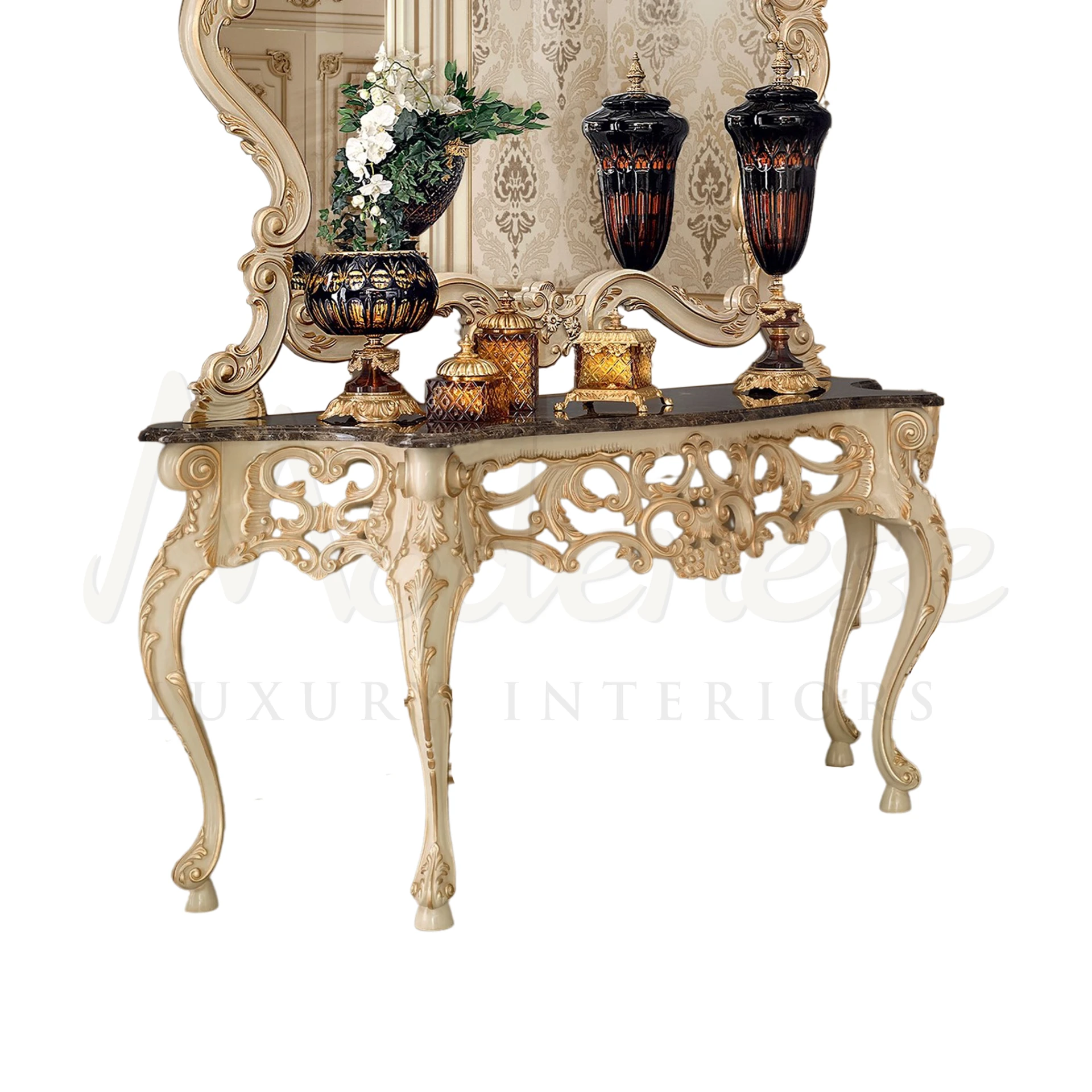 Elegant Refined Gold Leaf Console with Baroque structure, showcasing exquisite Italian carvings on classic bent legs.