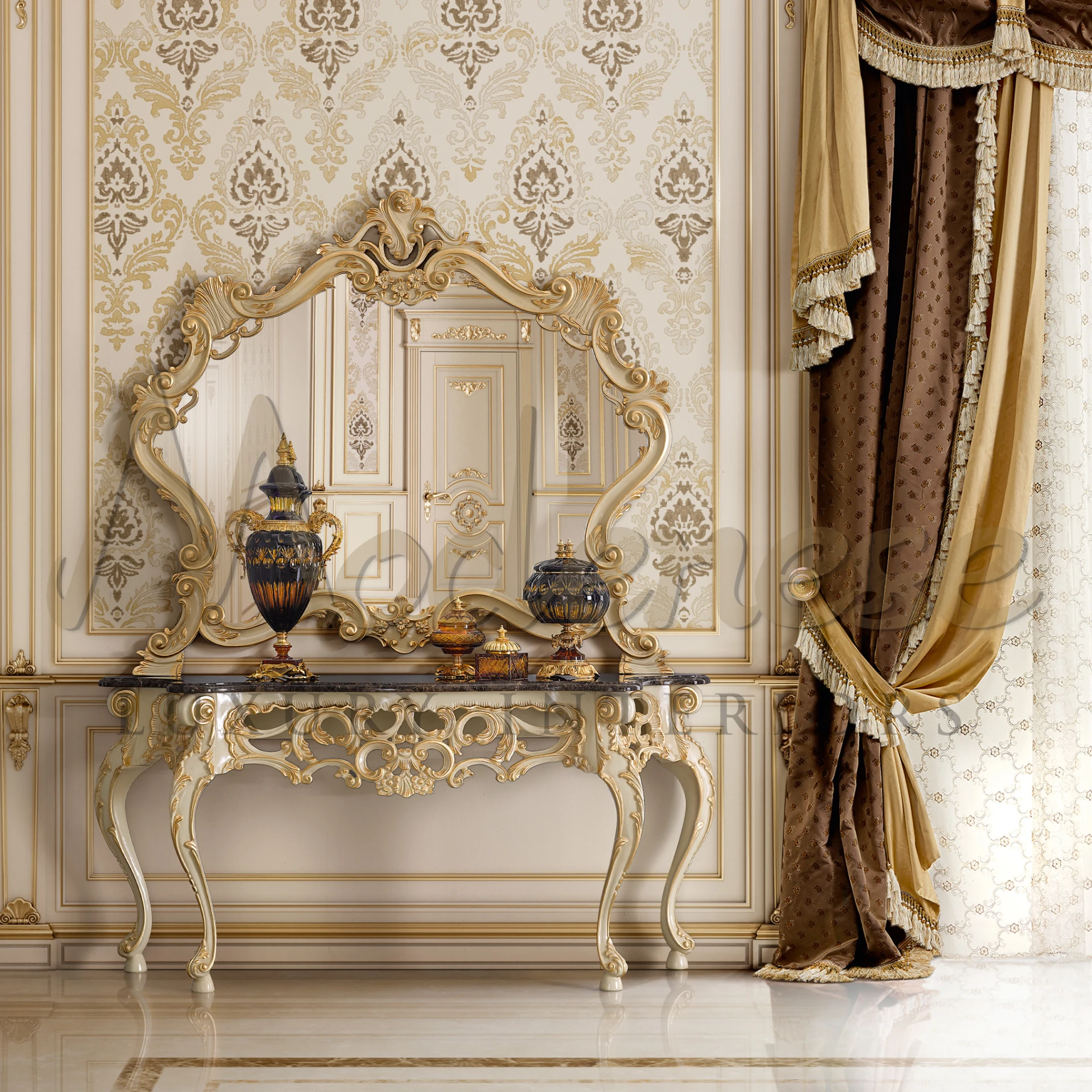 Baroque Design Refined Console, made in Italy with gold leaf carving and customizable top, enriching classic interiors.