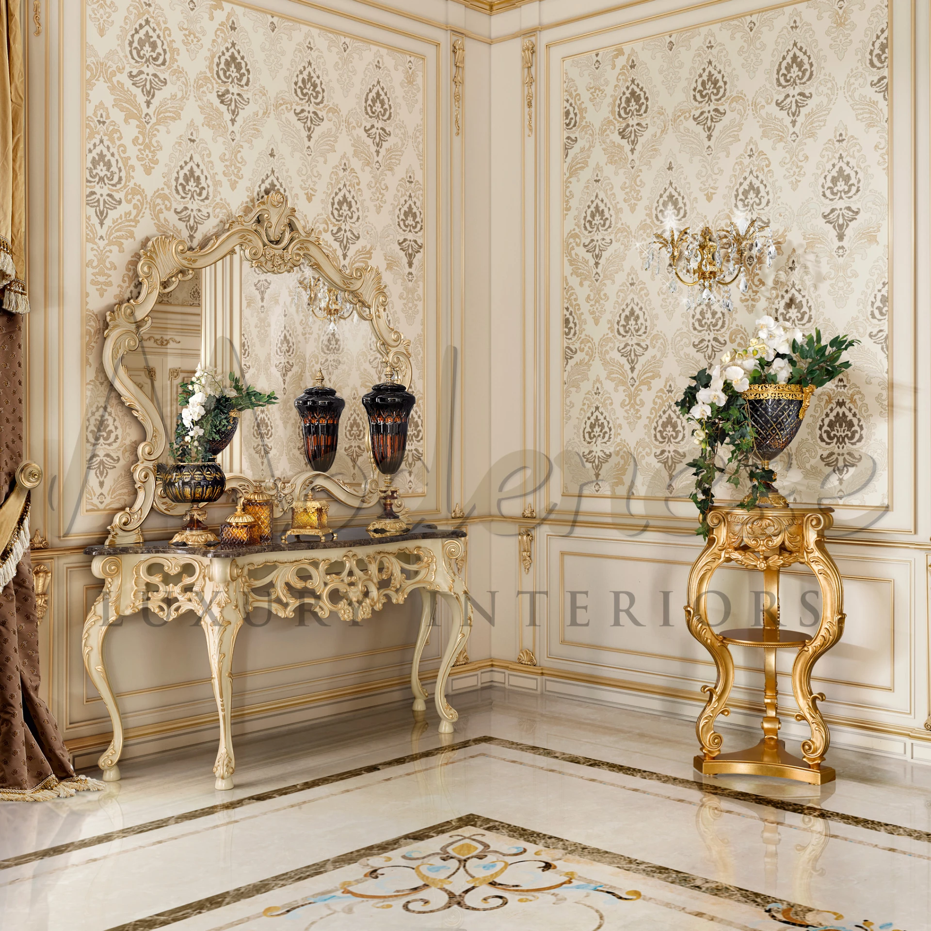 Luxurious Italian-designed Gold Leaf Console, perfect for adding a touch of refined Italian taste to your home decor.