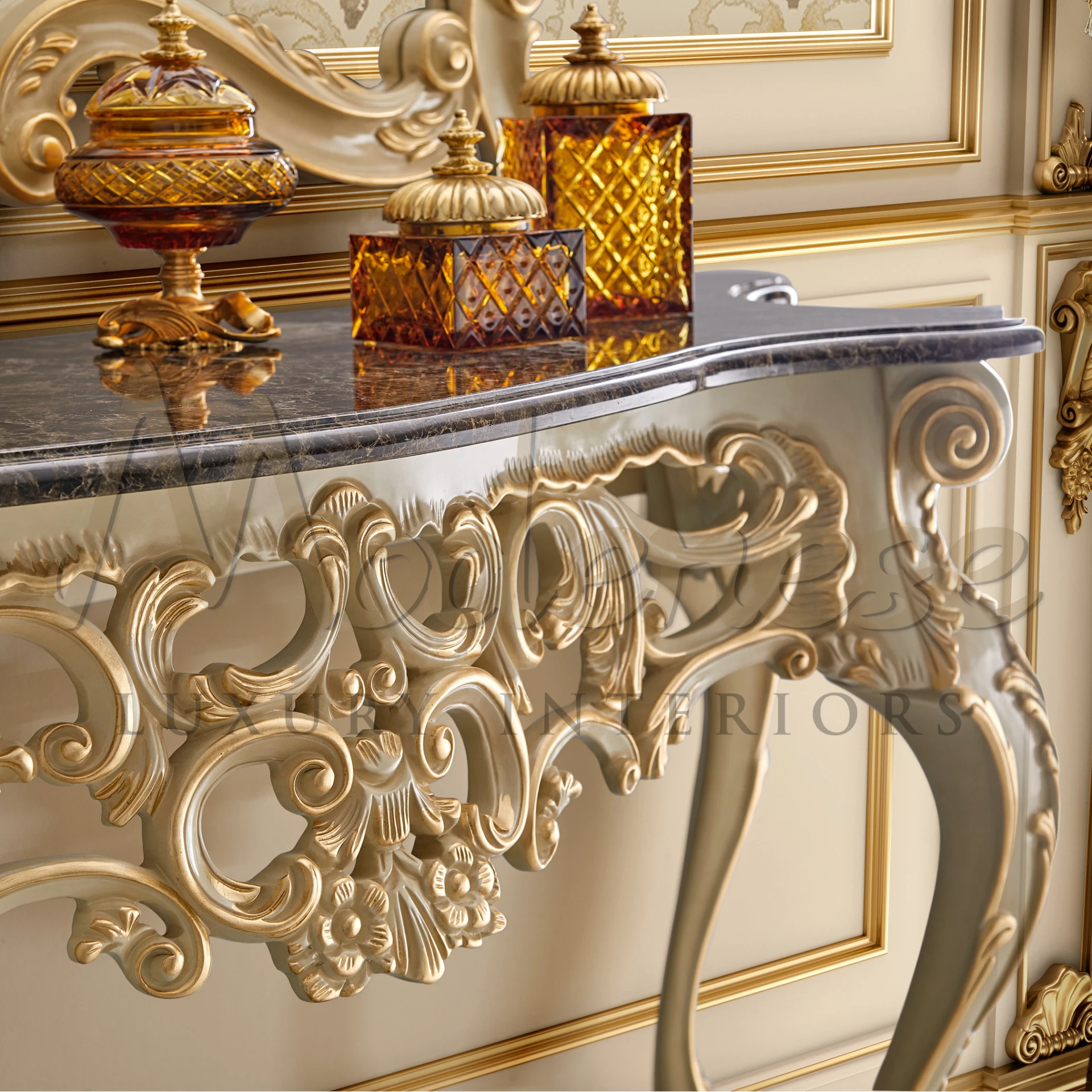 Italian Refined Gold Leaf Console, discrete yet opulent, with elegant carvings and a customizable top for luxury interior design.