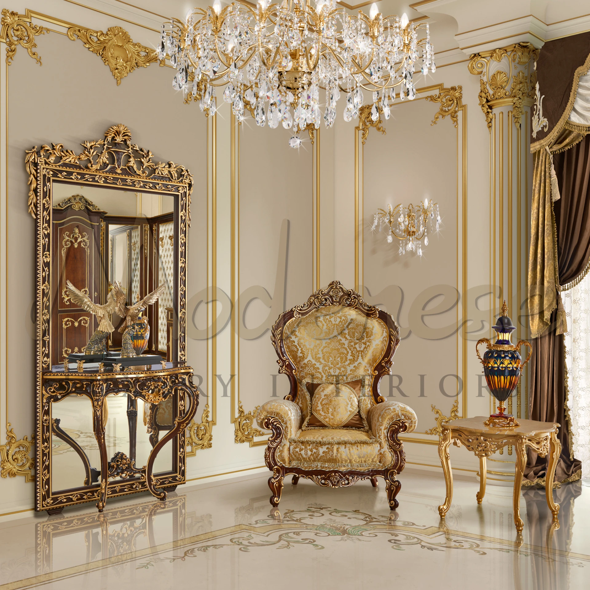 Exquisite Empire Console with customizable top, embodying classical collection and baroque design in golden carvings.