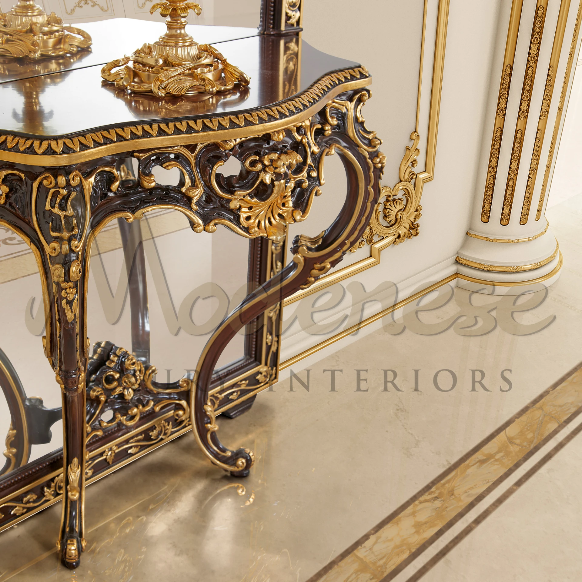 Astonishing Made in Italy Empire Console, fully decorated with gold leaf and walnut finishing for sophisticated interiors.