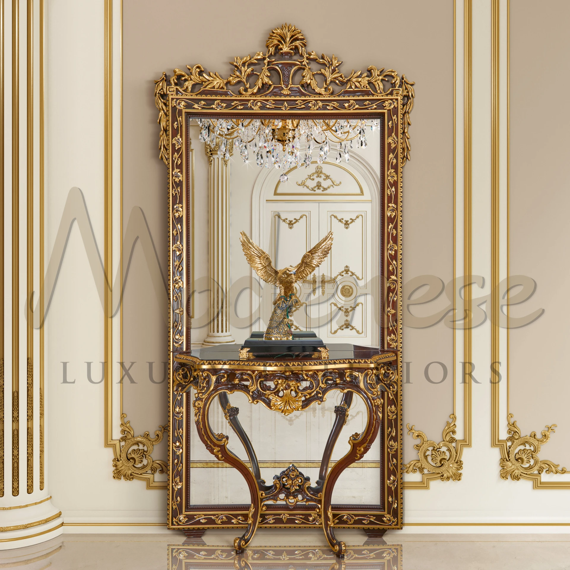 Italian-designed Empire Console, adorned with gold leaf details, showcasing the elegance of luxury console tables.