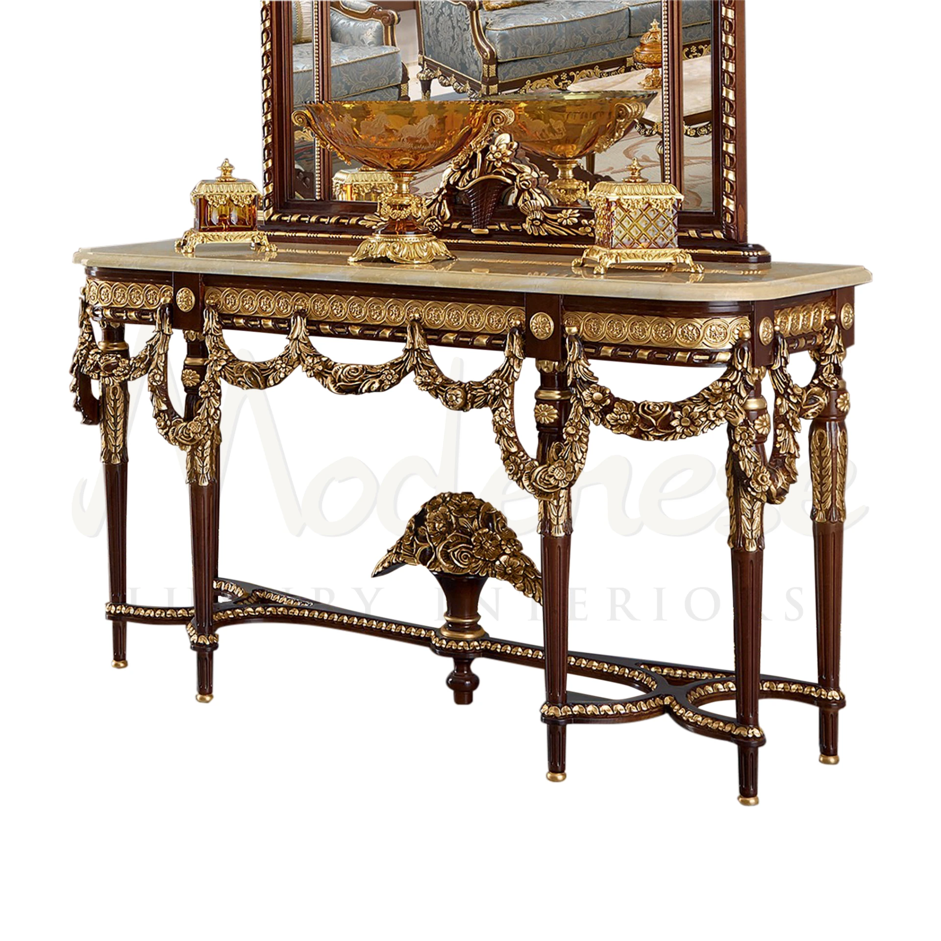 Opulent Empire Console with gold leaf finish, hand-carved details, and marble countertop options.
