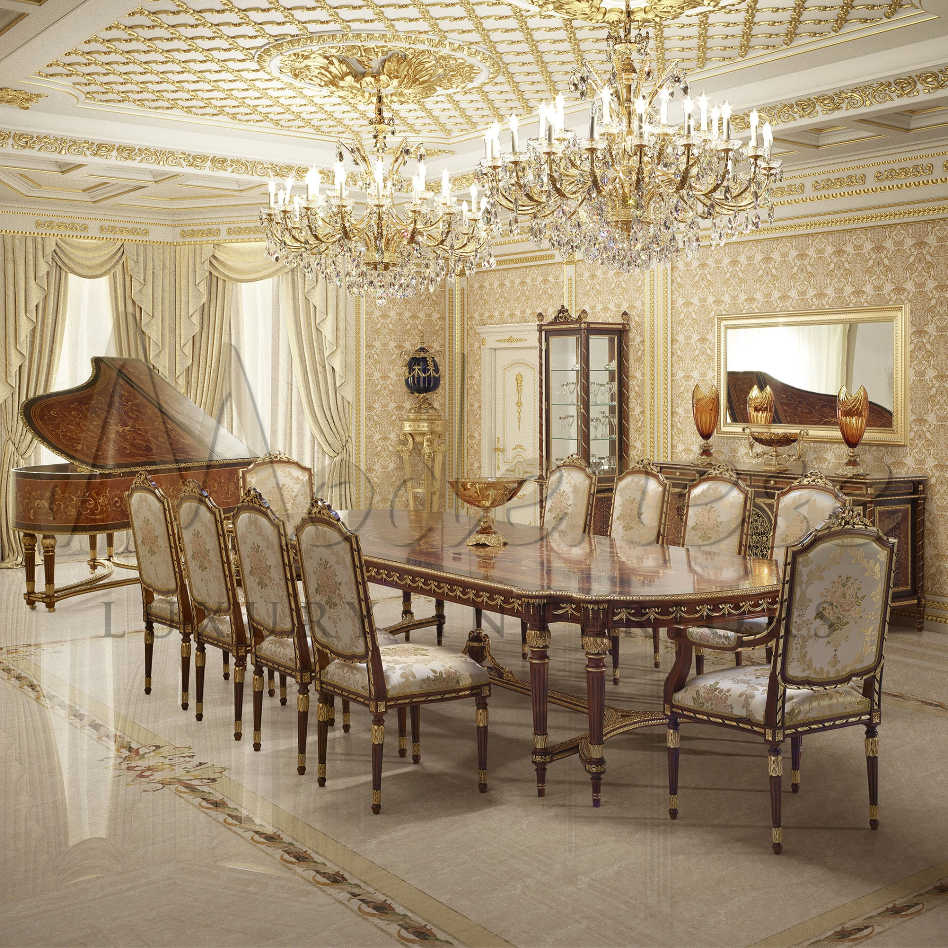 Seats 10 with intricate inlays and ornate golden motifs. Subtly grand, easily making a statement in any room setting.