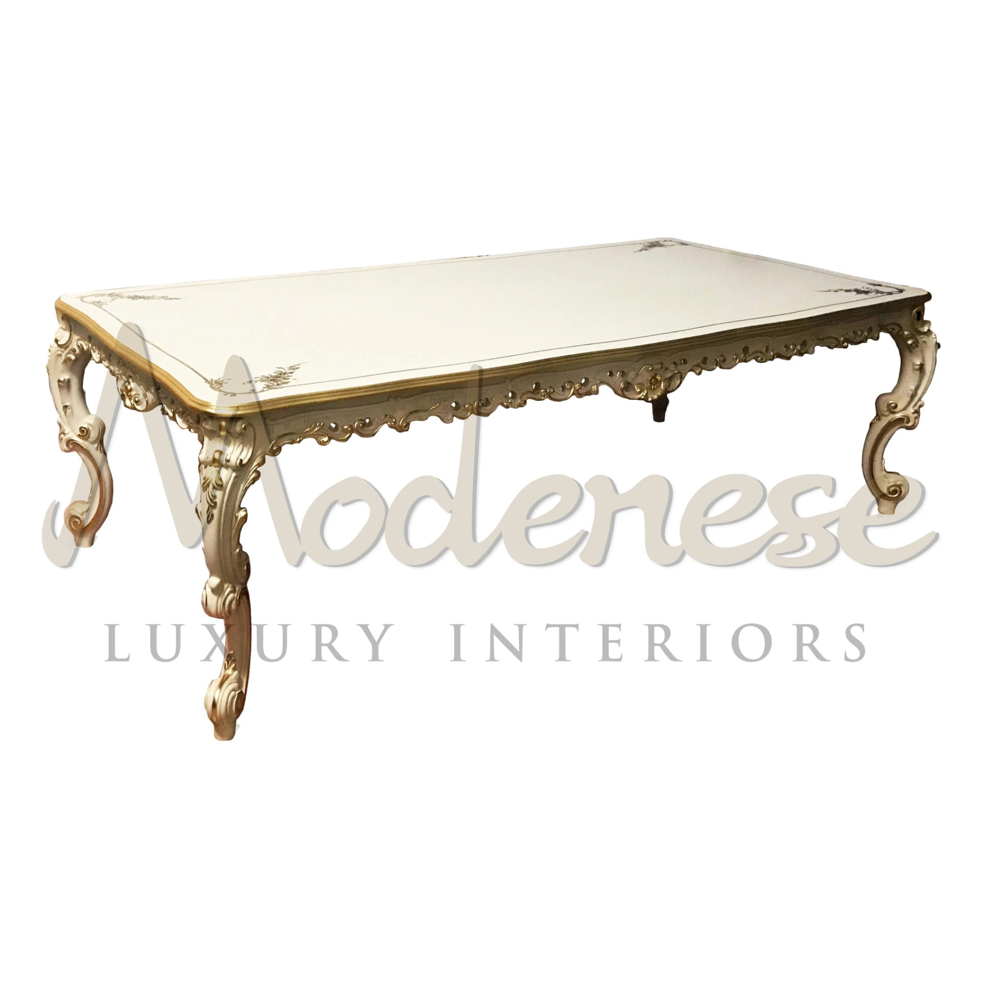 Precision meets perfection with this ivory lacquered dining table. Every detail is flawlessly presented, from the legs' wood carving to the top handmade gold decoration.
