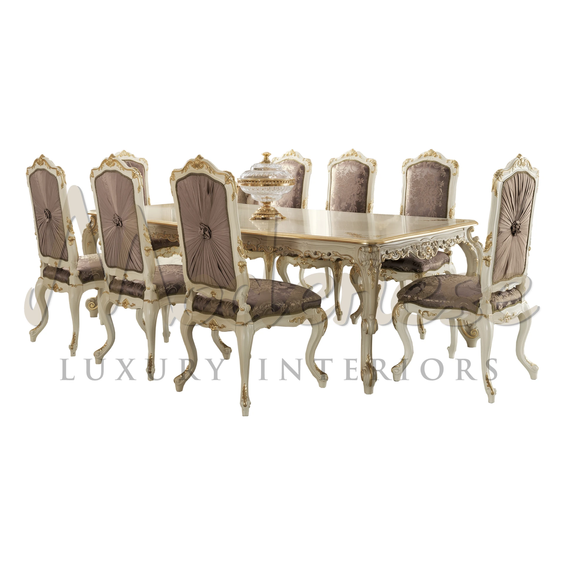 Made in Italy carved dining room table in ivory finishing and elegant classical chairs