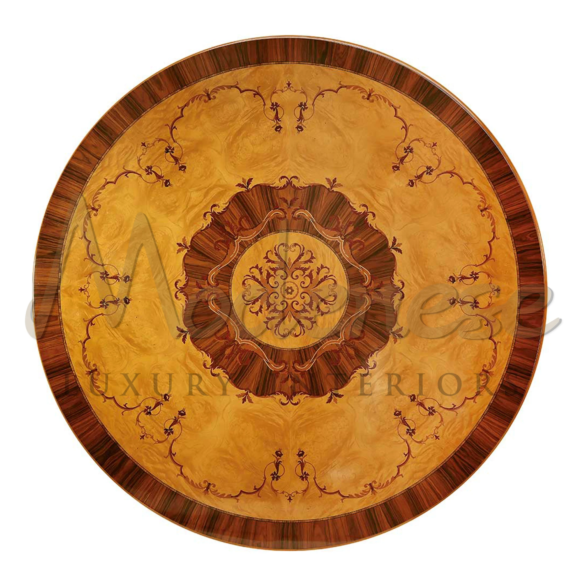 Discover the charm of Modenese Furniture's marquetry round table, a wooden inlay masterpiece for sophisticated interior design.