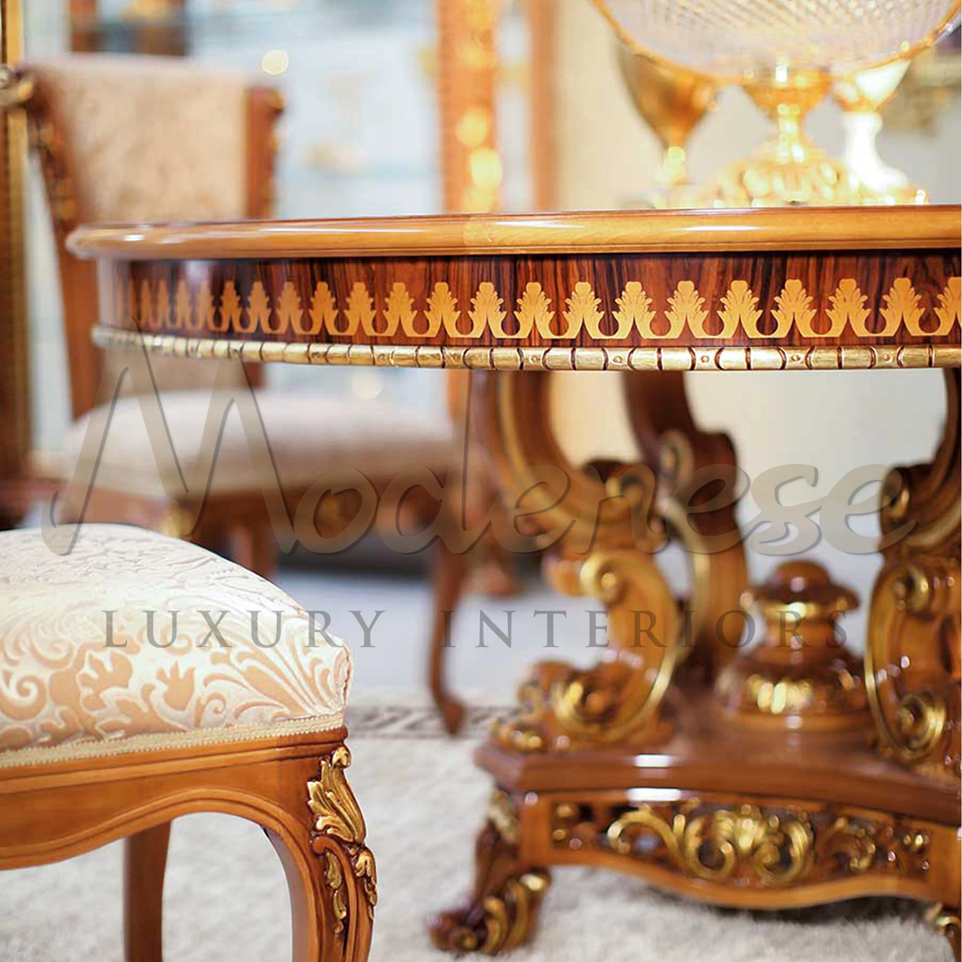 Immerse your space in classic charm with Modenese Furniture's marquetry round table, a timeless addition to luxury Italian furniture.