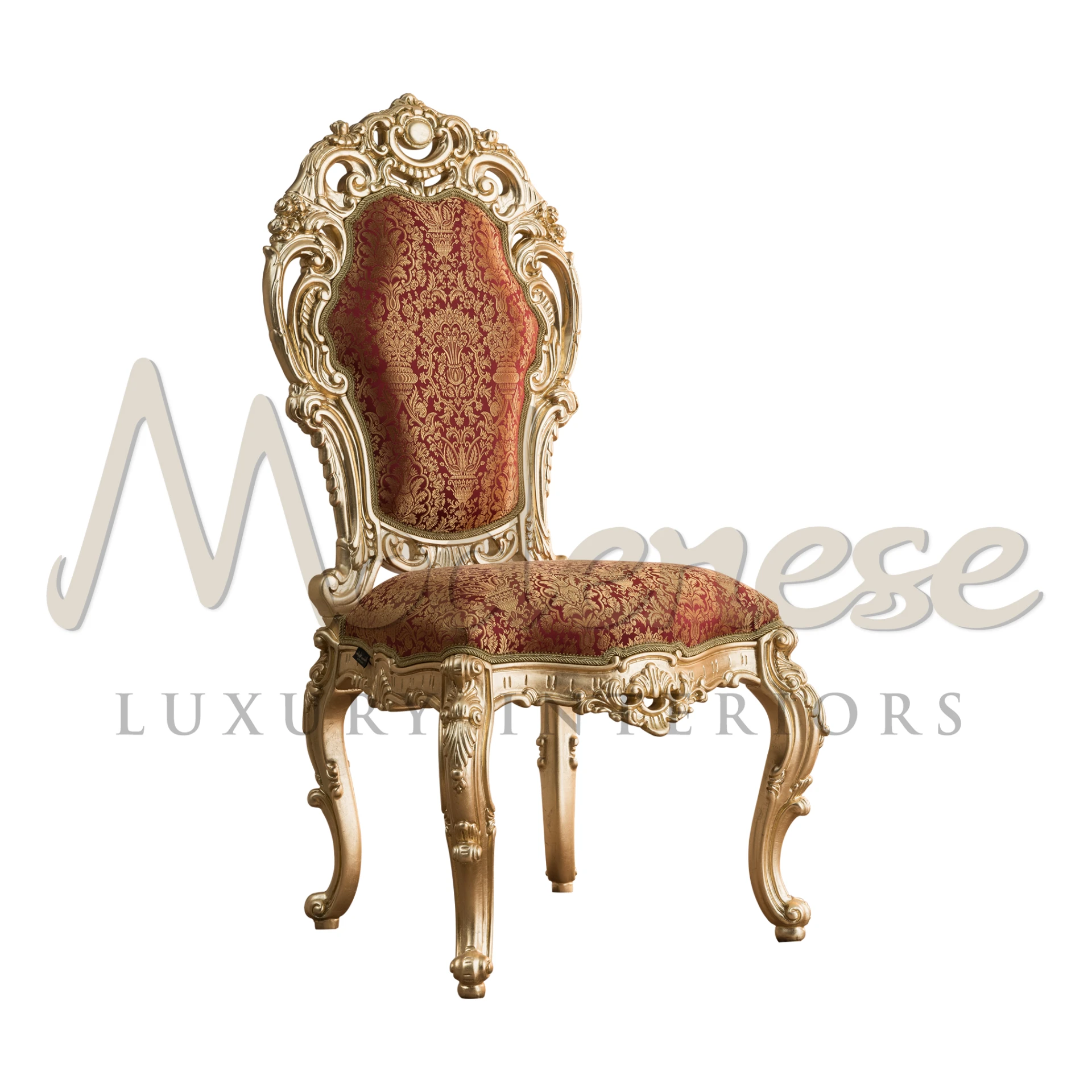 Transform your classical mansion with Modenese Furniture's baroque masterpiece. Hand-carved squiggle details, gold leaves, and patterned fabric create regal opulence.