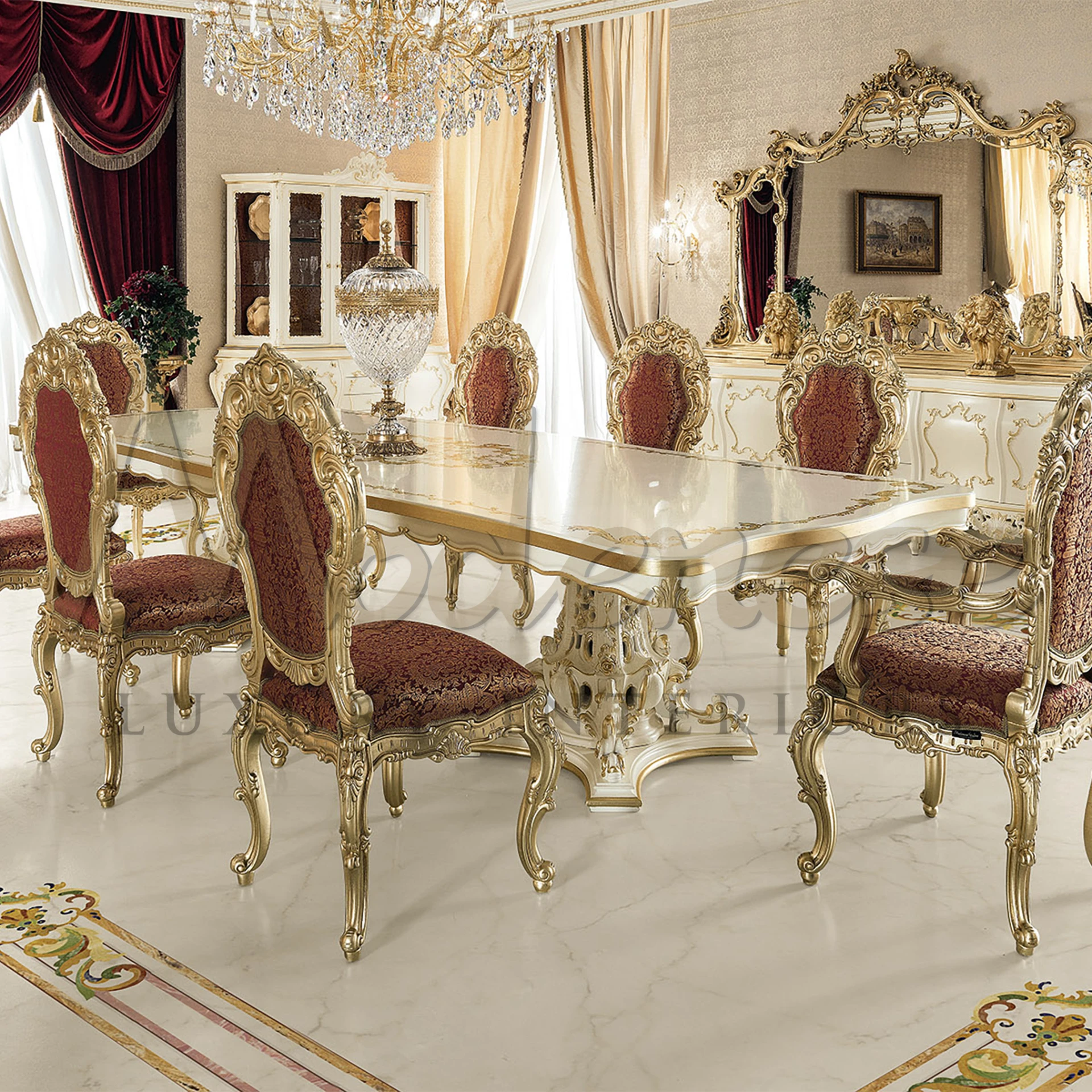 Discover your new mansion with Modenese Furniture's baroque dining table. Hand-carved squiggle details, gold leaves, and patterned fabric bring regal sophistication.