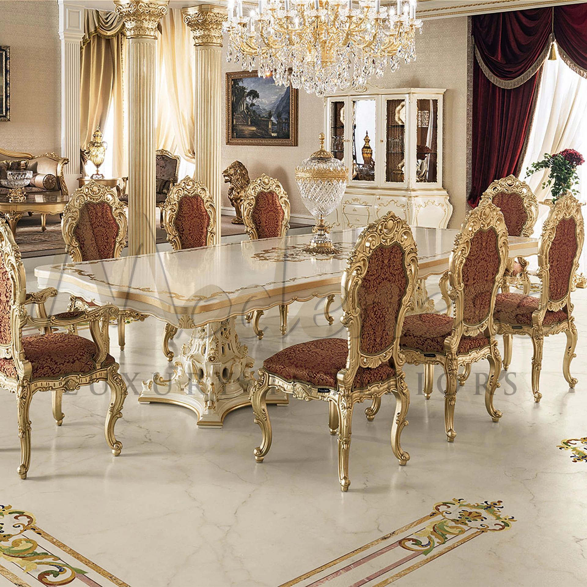 Infuse your new mansion with royal charm using Modenese Furniture's baroque dining table. Hand-carved squiggle details, gold leaves, and patterned fabric create timeless luxury.