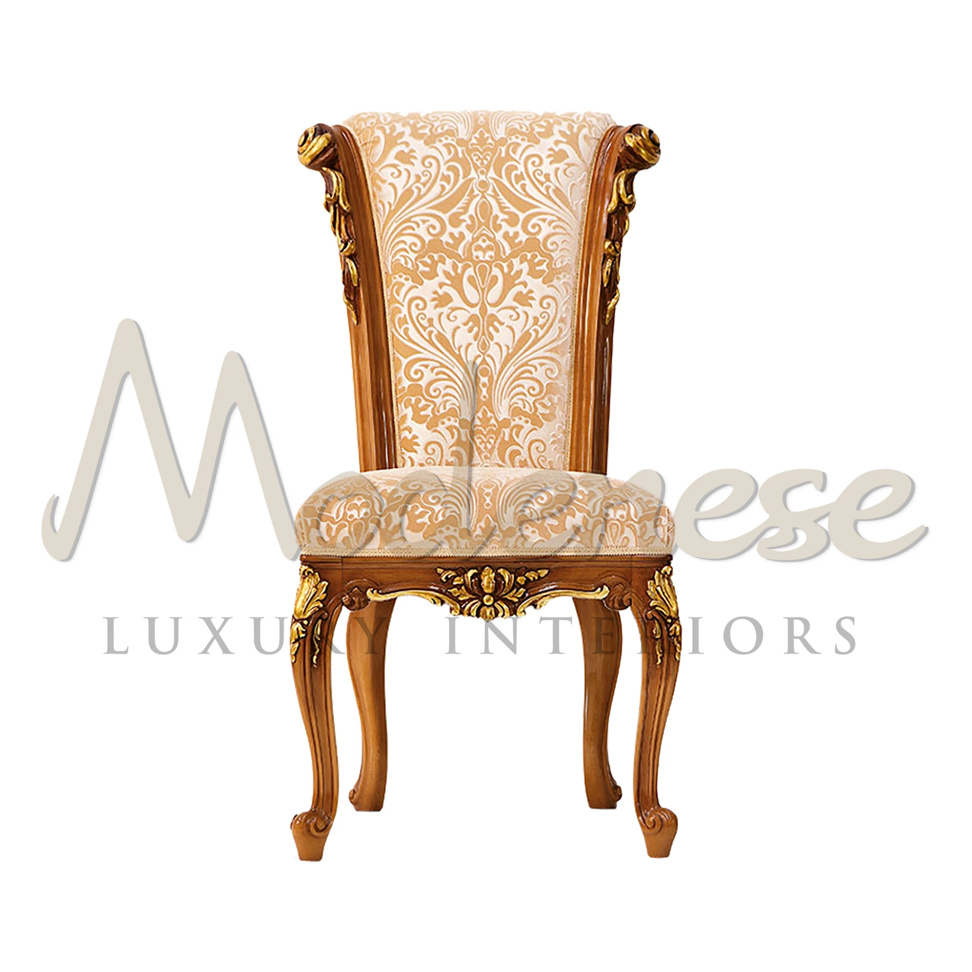 Discover your dining space with Modenese Furniture's handmade chair. Gold leaf details, cherry wood finish, and ivory velvet seat for sophistication.