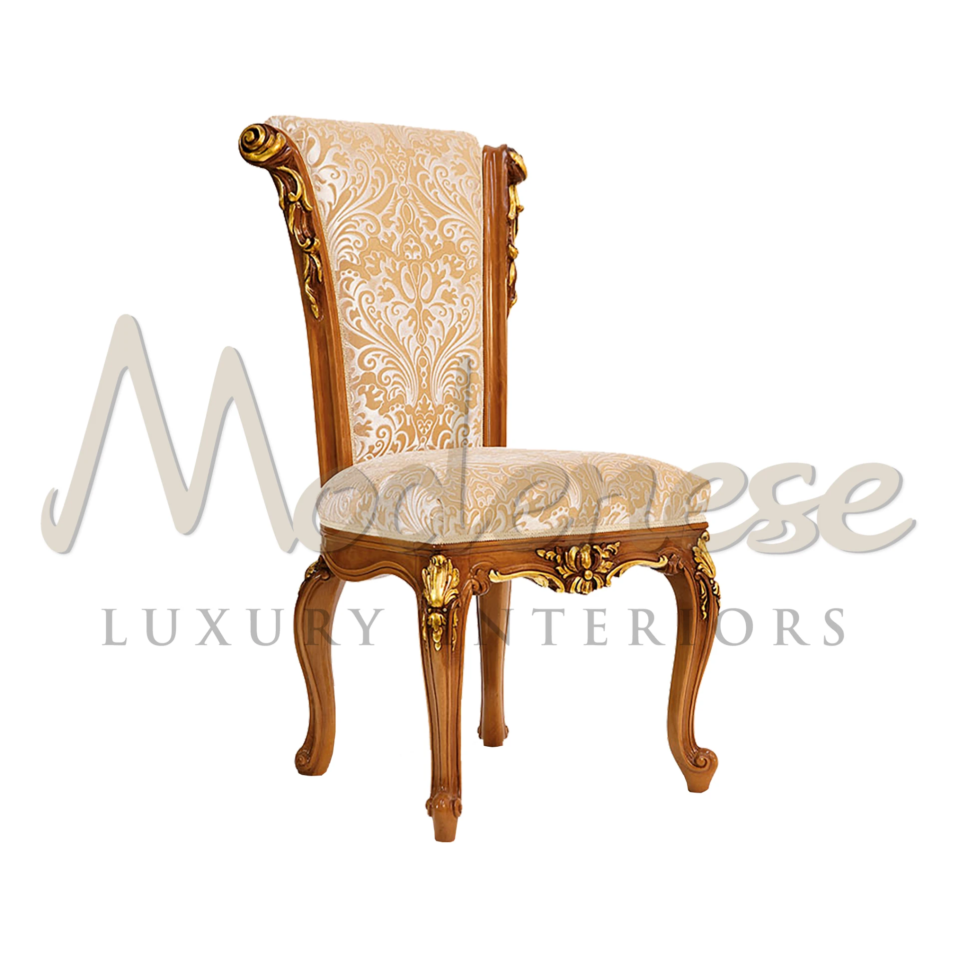 Transform your dining room with Modenese Furniture's grand imperial chair. Handmade gold leaf details, cherry wood finish, and ivory velvet seat exude sophistication.