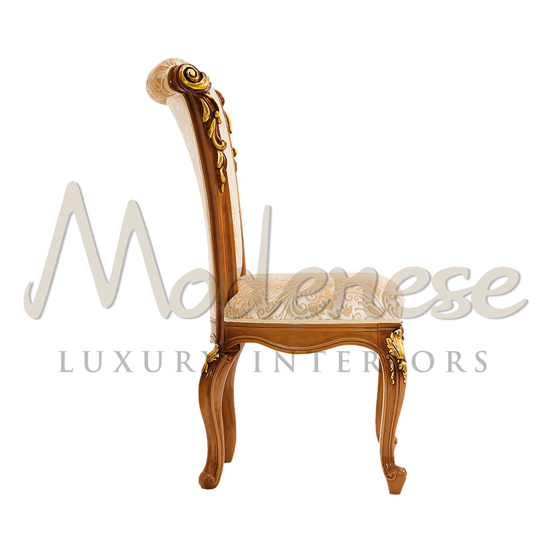 Modenese Furniture presents a grand imperial chair, blending handmade gold leaf details, light cherry wood, and luxurious ivory velvet for timeless elegance.