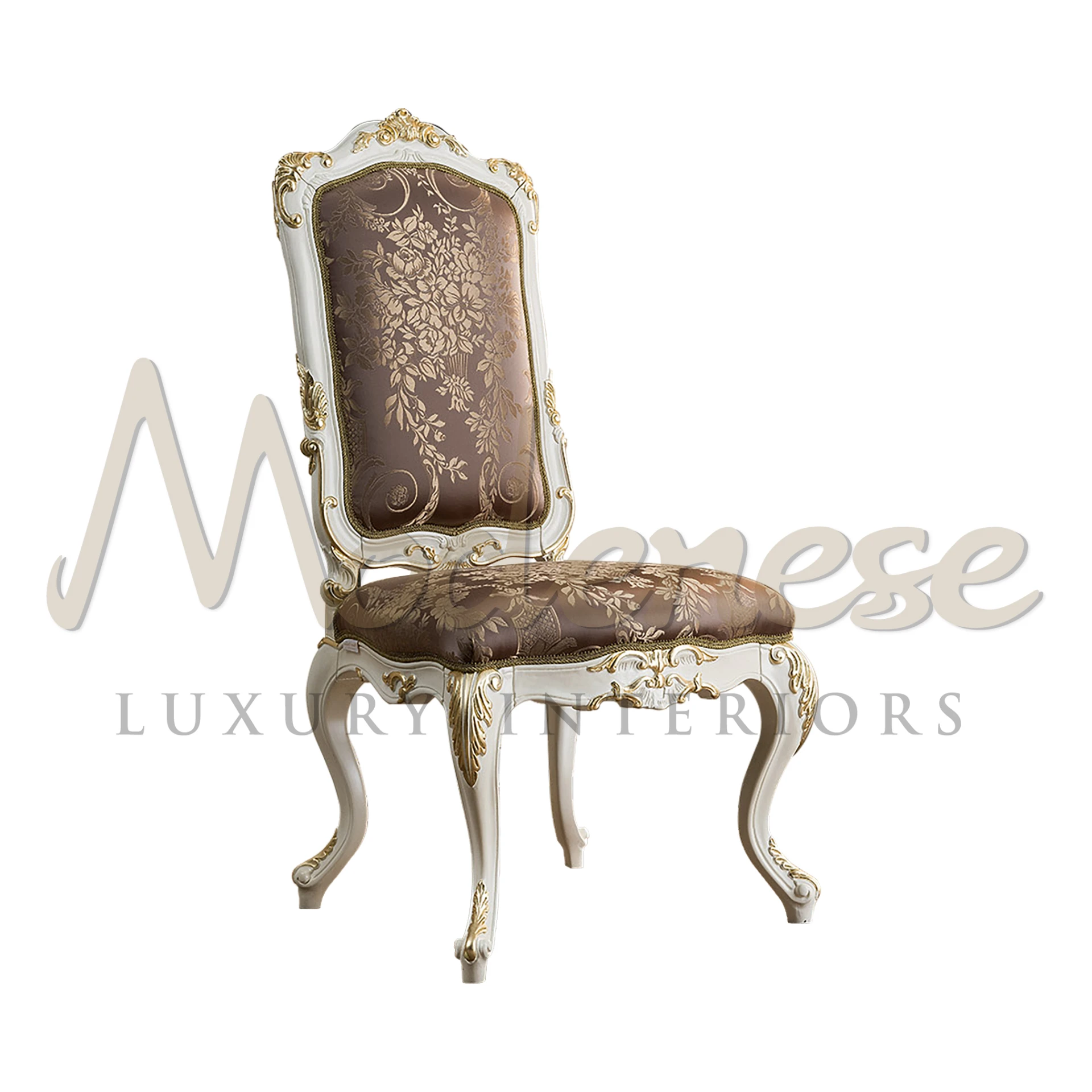 Discover your dining room with Modenese Furniture's regal chair. Baroque legs, light purple fabric, and gold leaf details exude refinement.
