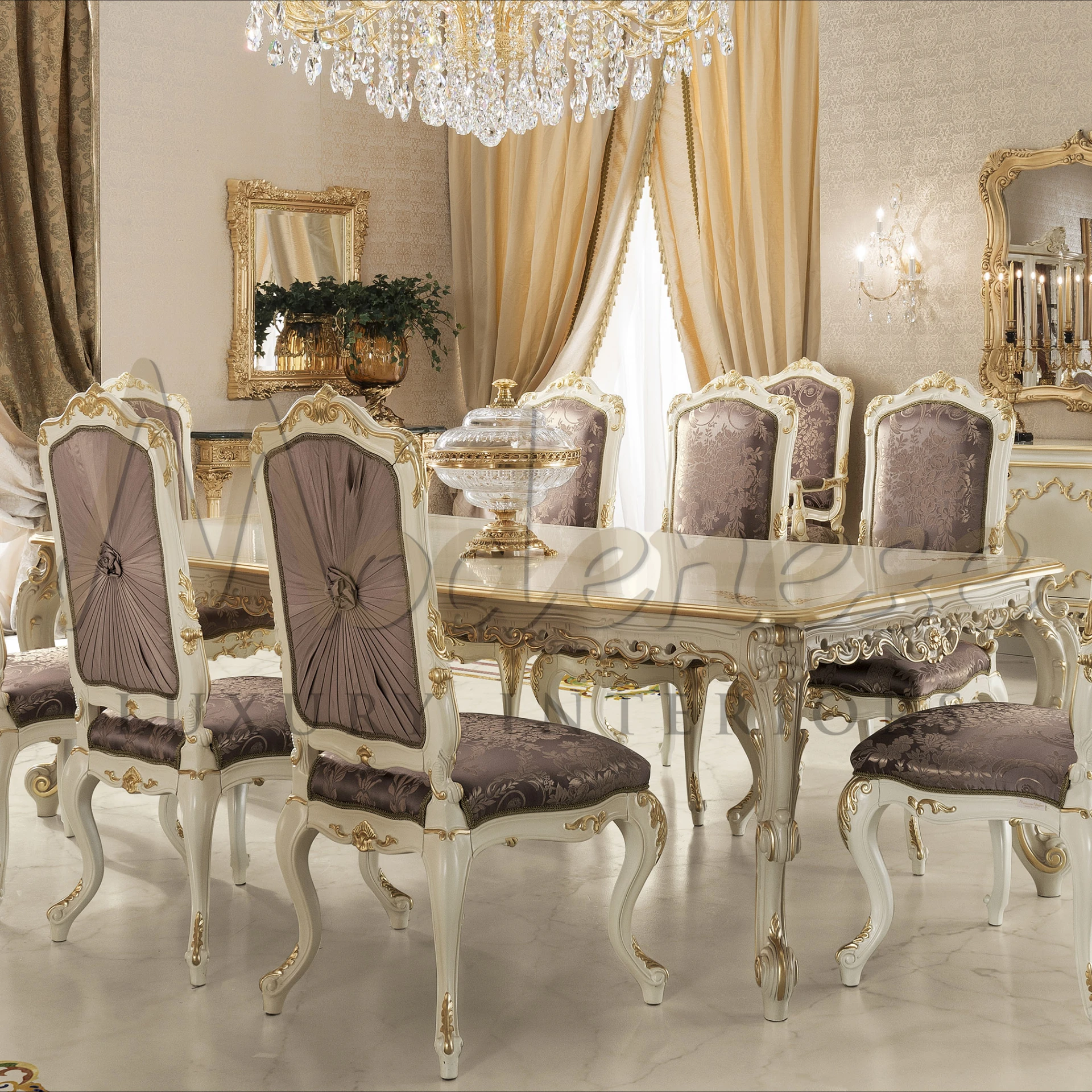 Transform your dining space with Modenese Furniture's regal table and chair. Baroque legs and gold leaf applique enhance the aura of refinement.