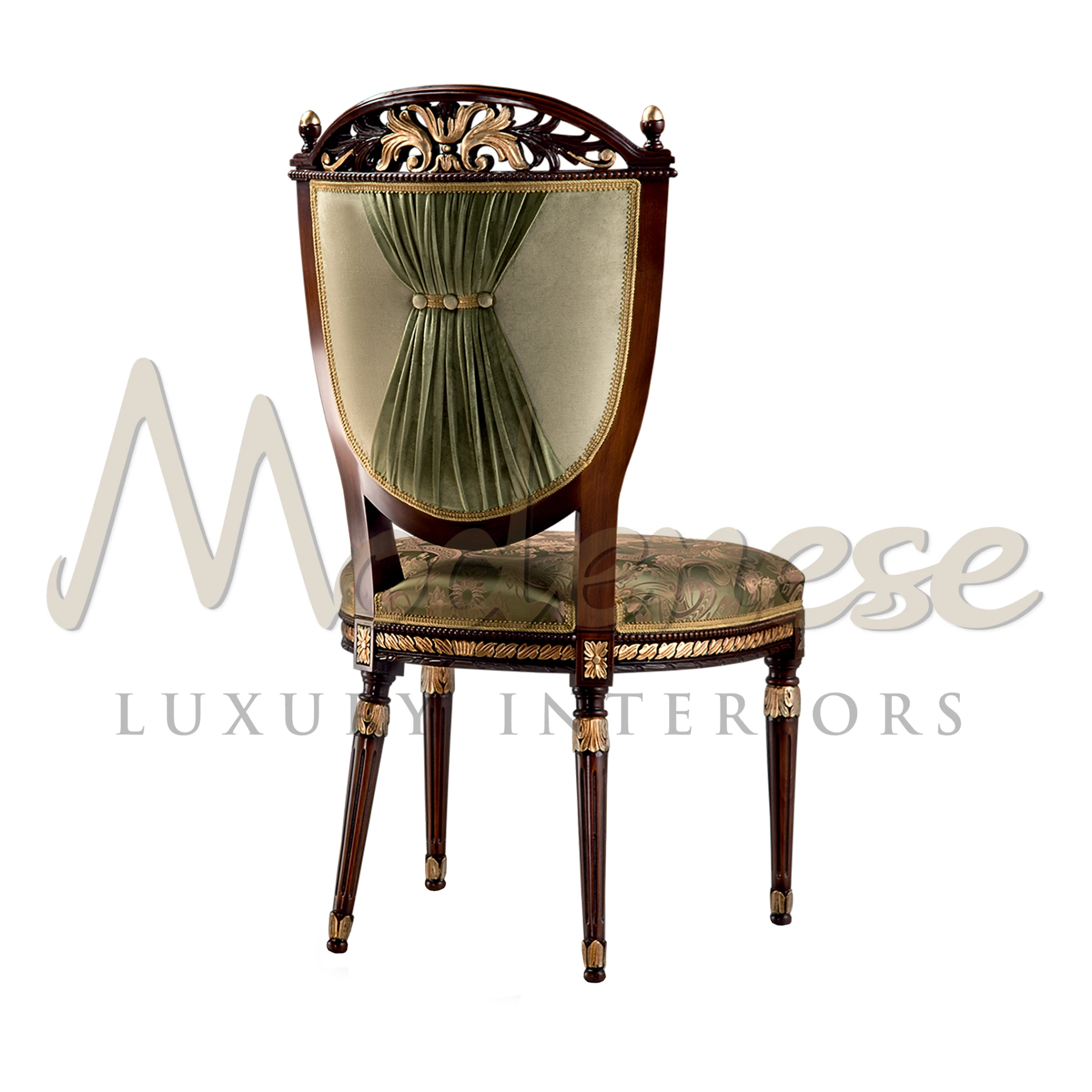 Indulge in luxury with Modenese Furniture's upholstered side chair. Wood frame, gold leaf details, premium floral fabric in green, and elegant backrest design.