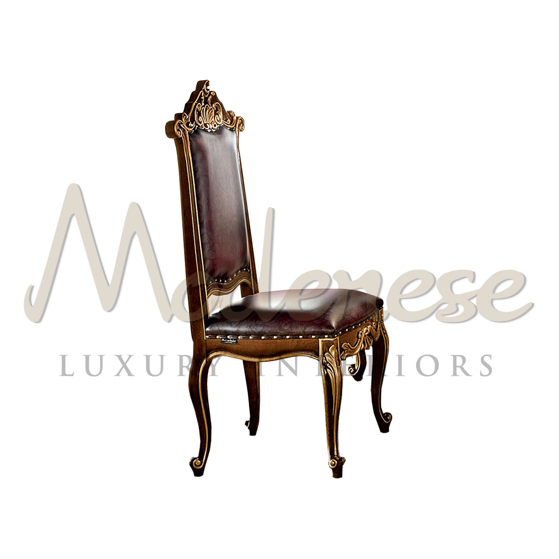 Indulge in opulence with Modenese Furniture's majestic dining chair. Featuring a walnut finish, gold leaf accents, and ivory floral upholstery.