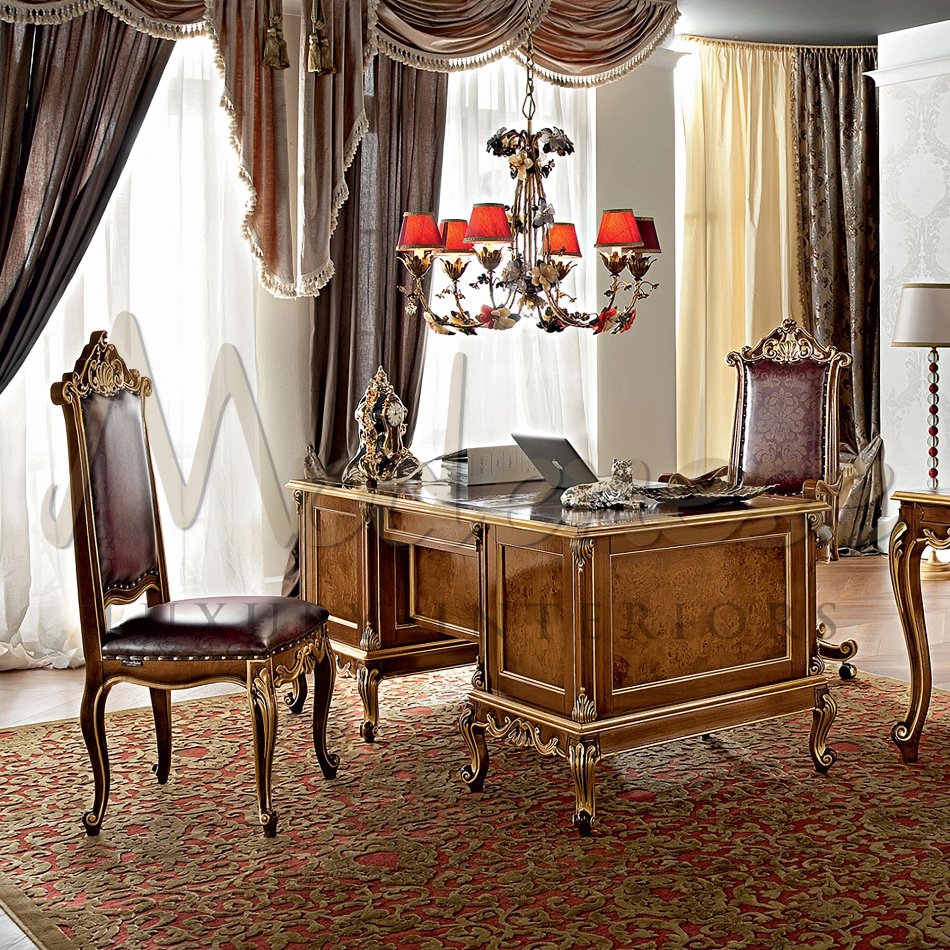 Experience luxury with Modenese Furniture's stunning interior. Walnut frame, gold leaf accents, and exquisite floral upholstery for regal interior